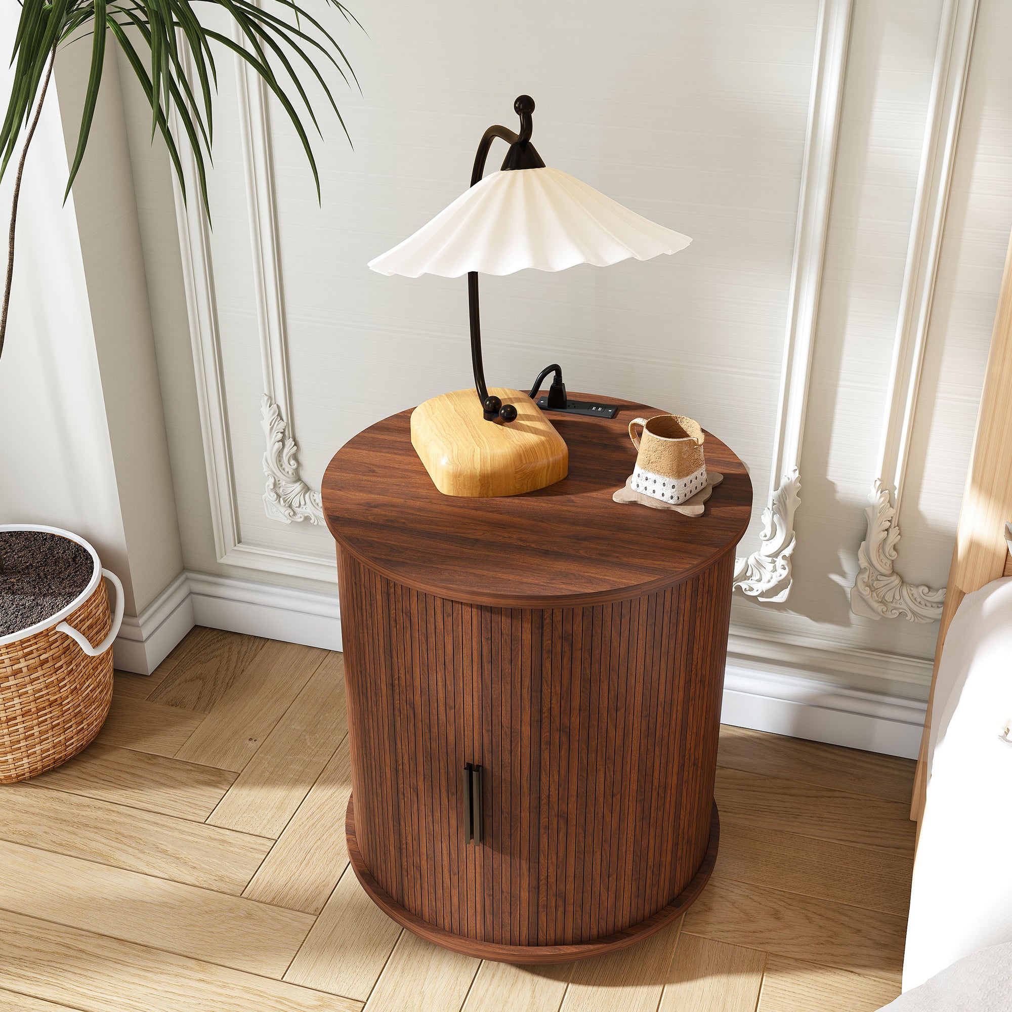 Mid Century Modern Cylinder End Table with Built-in Charging Station & Sliding Door, 2-Tier Storage Round Nightstand with USB Ports, Walnut Bedside Table for Living Room, Bedroom, Entryway - Grand Goldman Shop