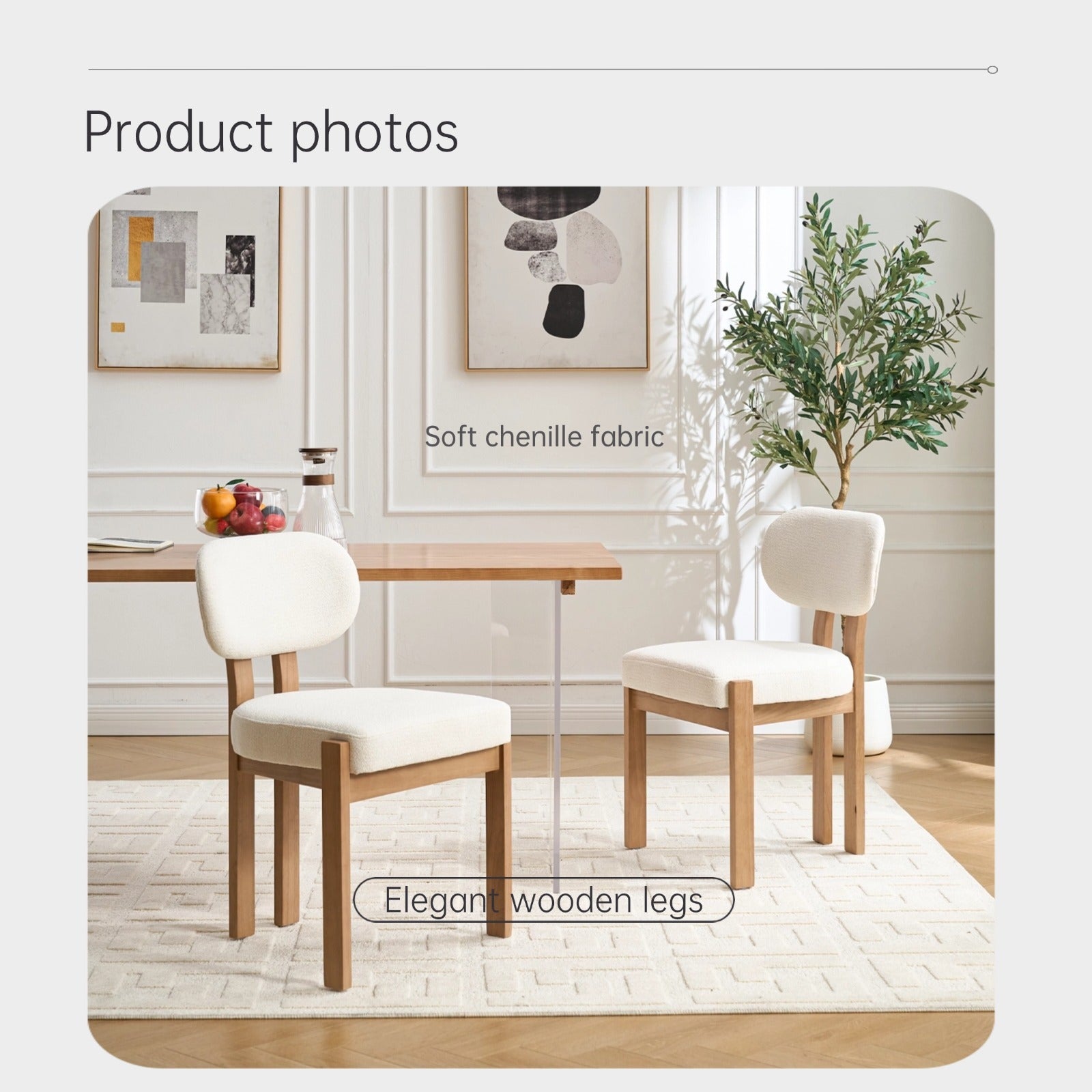 Modern Farmhouse Dining Chairs Set of 2 in Beige, Fabric Upholstered Wooden Kitchen Chairs with Ergonomic Backrest and Adjustable Feet, Rubber Wood Frame - Grand Goldman Shop