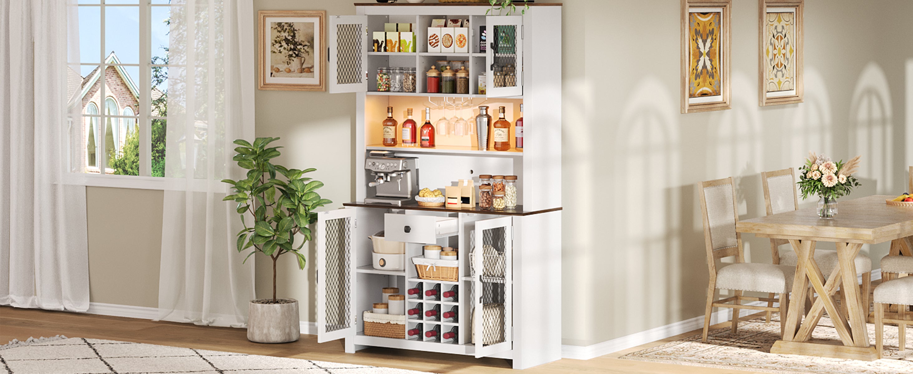 70.9' Kitchen Pantry Storage Cabinet Rustic Buffet Cabinet, Kitchen Hutch Cabinet with LED Outlets Food Pantry Cabinet with Doors and Shelves Wine Rack for Dining Room, White - Grand Goldman Shop
