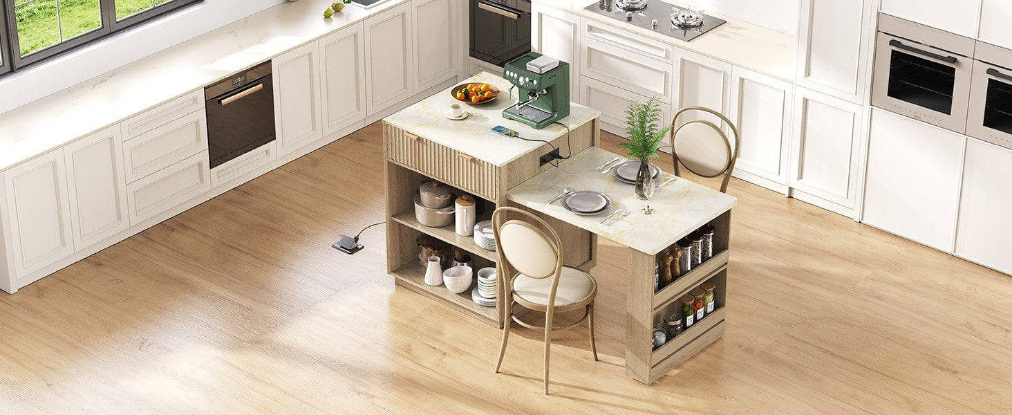 K&K 82.6' Fluted Kitchen Island with Extendable Dining Table for 4-6, Island Table for Kitchen with Power Outlet, Kitchen Table with Double-Side Storage, 2 Drawers 2 Side Open Shelves, Natural - Grand Goldman Shop