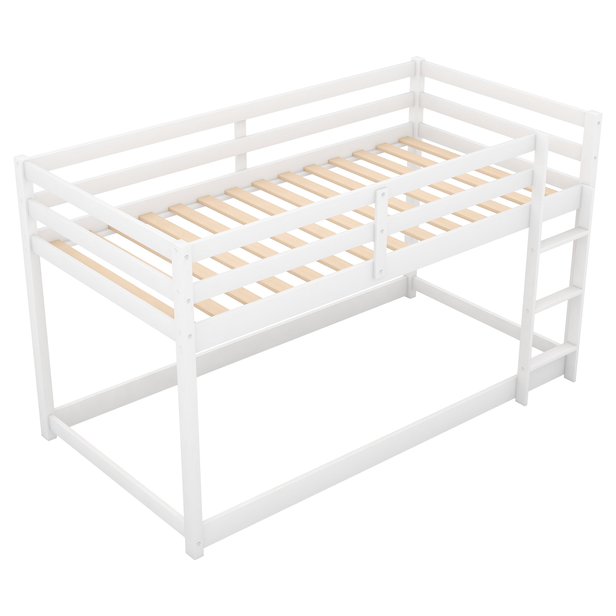 White Twin Over Twin Floor Bunk Bed with Ladder, Solid Pine Wood, 79.1''L x 42''W x 46.5''H - Grand Goldman Shop