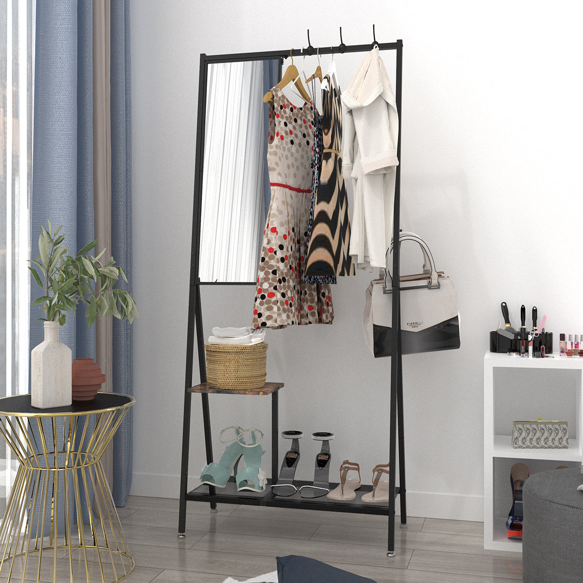 Coat Rack with Mirror, Multifunctional Hall Tree with Shoe Storage, Metal Frame, for Living Room Bedroom 73x32x15 Inches, Industrial Style, Rustic Brown and Black - Grand Goldman Shop