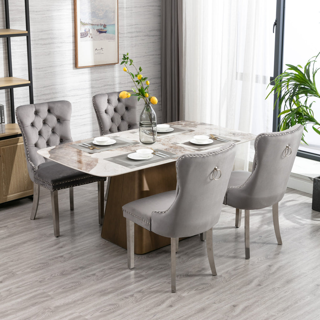 A&A Furniture,Nikki Collection Modern, High-end Tufted Solid Wood Contemporary Velvet Upholstered Dining Chair with Chrome Stainless Steel Plating Legs,Nailhead Trim,Set of 2,Gray and Chrome, SW1701GY - Grand Goldman Shop