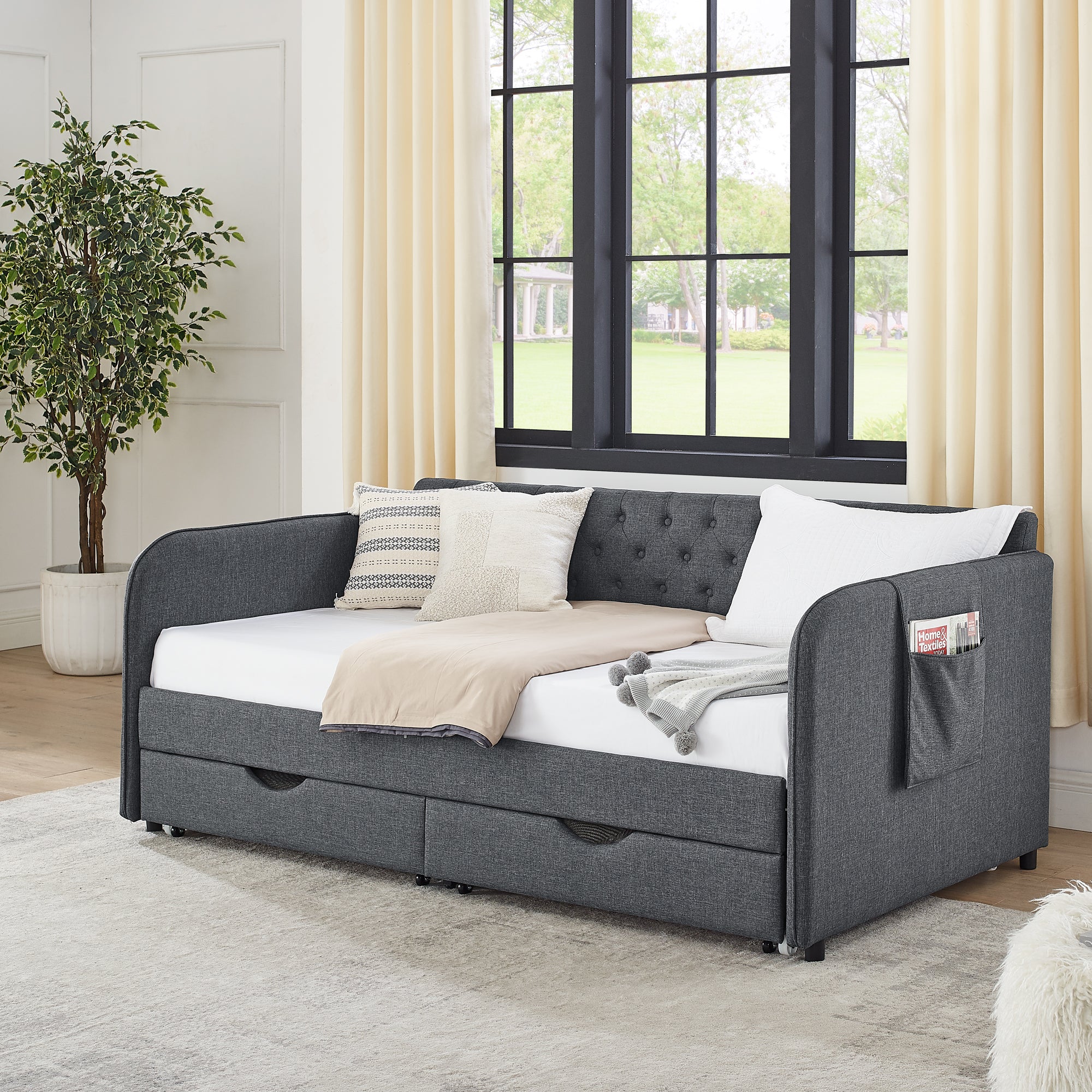 Twin Size Upholstered Daybed with Trundle and Drawers, Dark Gray Linen, Flat Arms, Extendable for Bedroom or Living Room - Grand Goldman Shop