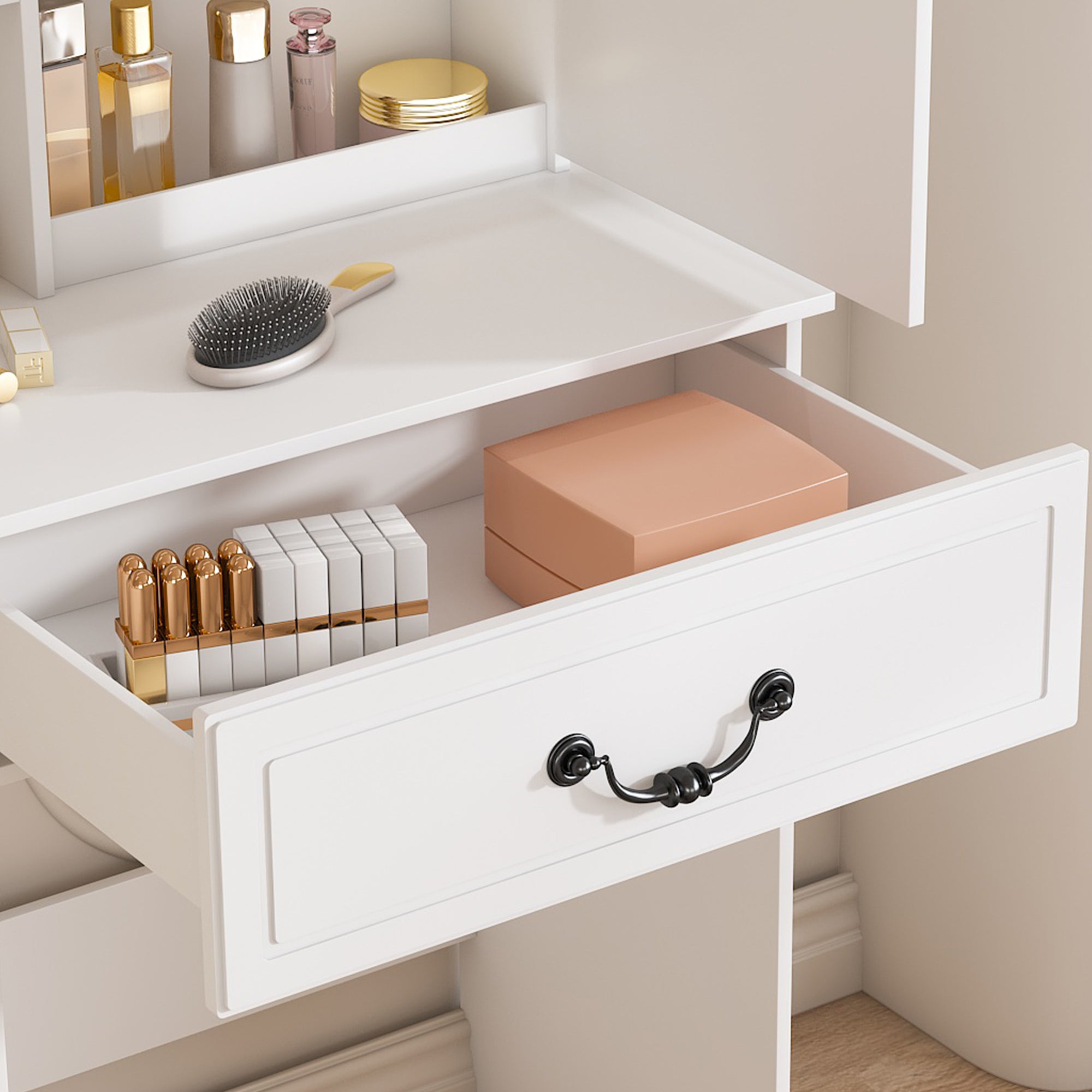 Modern Mini Dressing Table with LED-lit Mirror & Hidden Storage, Adjustable Brightness Vanity Desk, White - Grand Goldman Shop