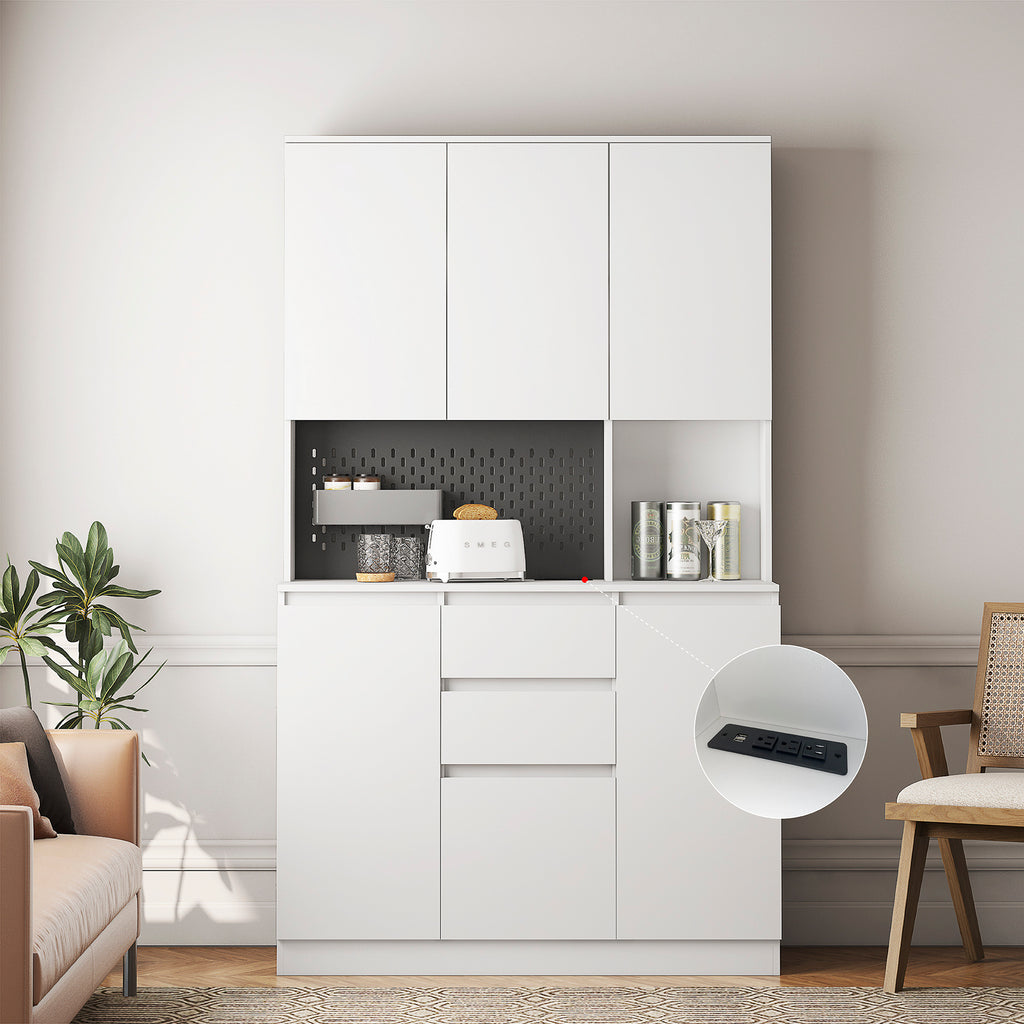 74' Kitchen Pantry Cabinet with Charging Station,Freestanding Buffet Cupboards Sideboard with Drawer,Modern Pantry Cabinet with Microwave Stand for Kitchen,Living Room,Dinning Room - Grand Goldman Shop