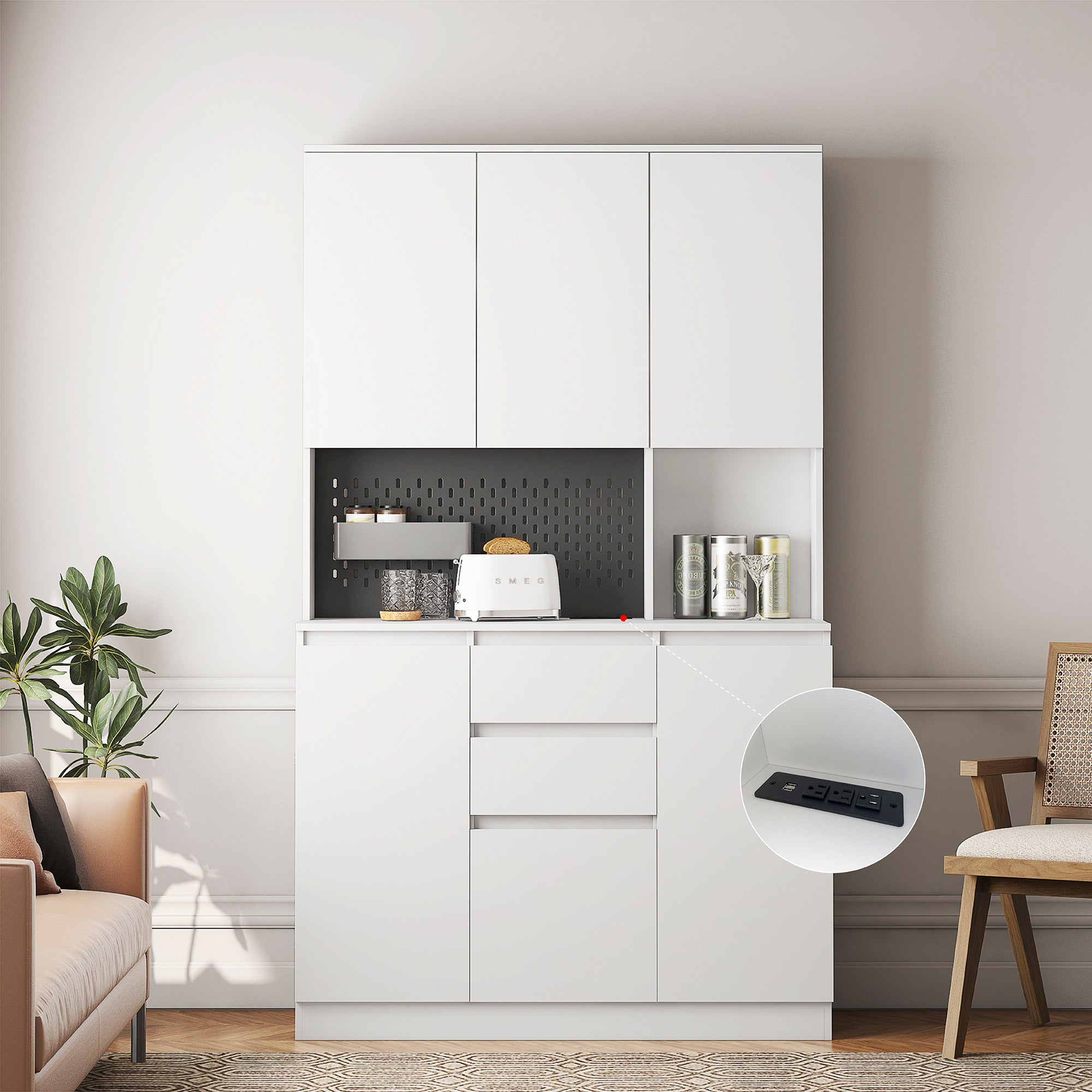 74' Kitchen Pantry Cabinet with Charging Station,Freestanding Buffet Cupboards Sideboard with Drawer,Modern Pantry Cabinet with Microwave Stand for Kitchen,Living Room,Dinning Room - Grand Goldman Shop