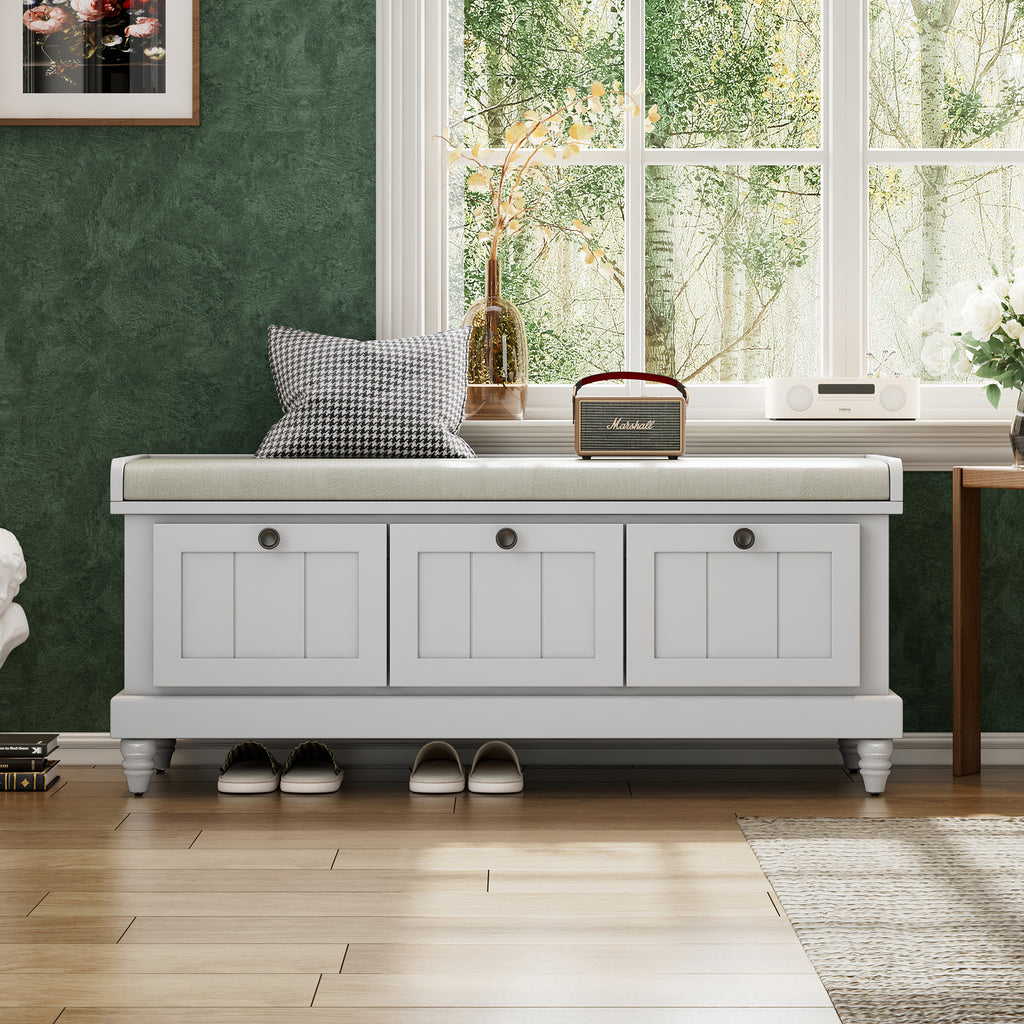 TREXM Classic Shoe Bench with Cushion and Three Drawers, Fluted Entryway Bench with Storage for Living Room, Entryway, and Hallways (Light Gray, OLD SKU: N715P207812E ) - Grand Goldman Shop