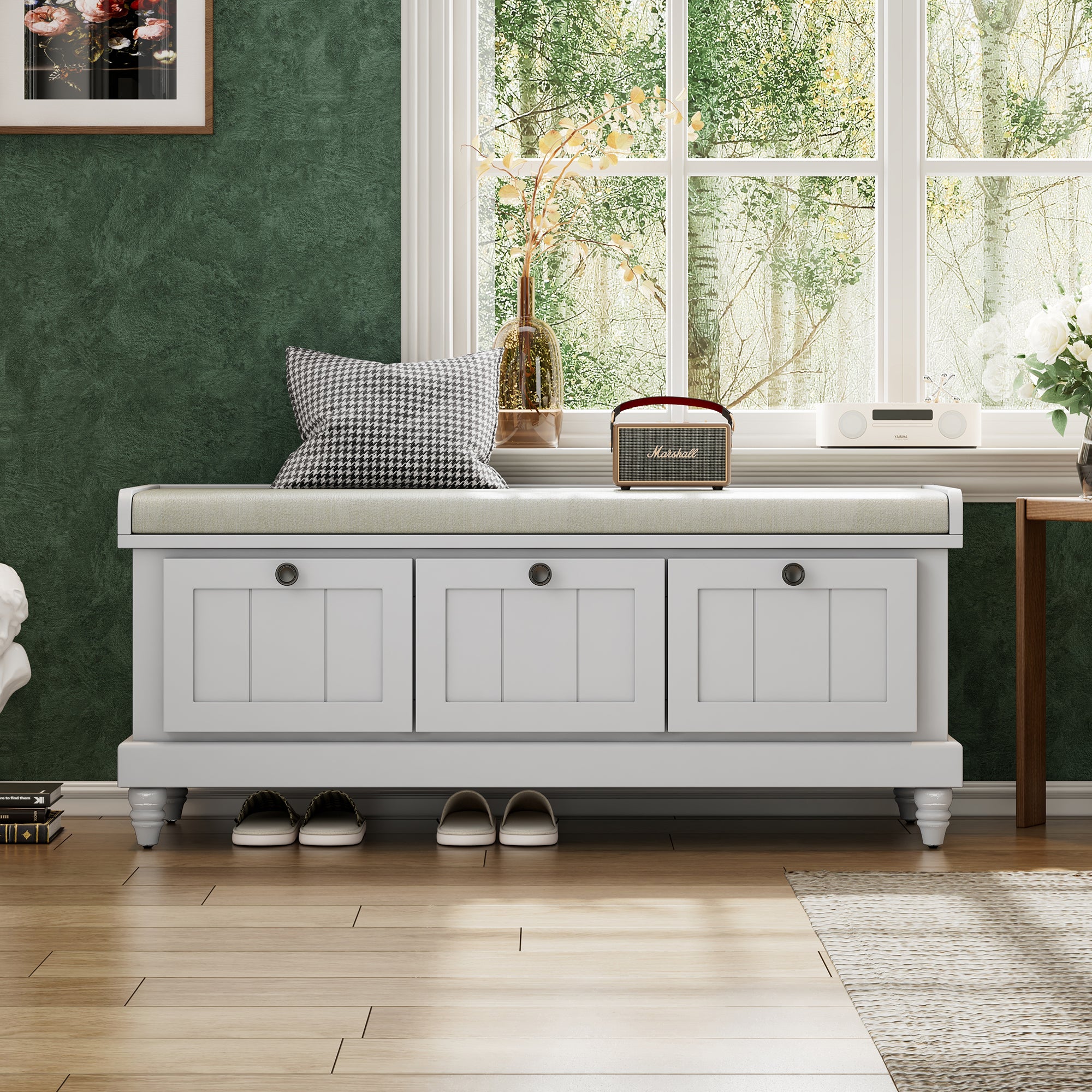 TREXM Classic Shoe Bench with Cushion and Three Drawers, Fluted Entryway Bench with Storage for Living Room, Entryway, and Hallways (Light Gray, OLD SKU: N715P207812E ) - Grand Goldman Shop