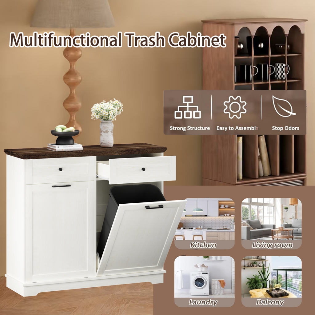 20 Gallon Tilt Out Trash Cabinet Freestanding Trash Bin Cabinet Wood Garbage Recycling Cabinet with Drawer Pet Proof Trash Can Holder for Kitchen Living Room, Antique White (Not include trash can) - Grand Goldman Shop