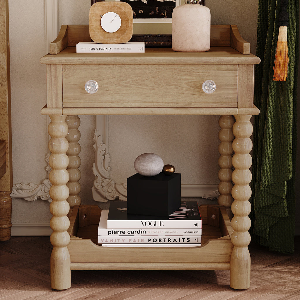 Retro Style Nightstand with Drawer and Open Shelf for Bedroom, Bedside Table with Turned Legs and Metal Handle,Natural - Grand Goldman Shop