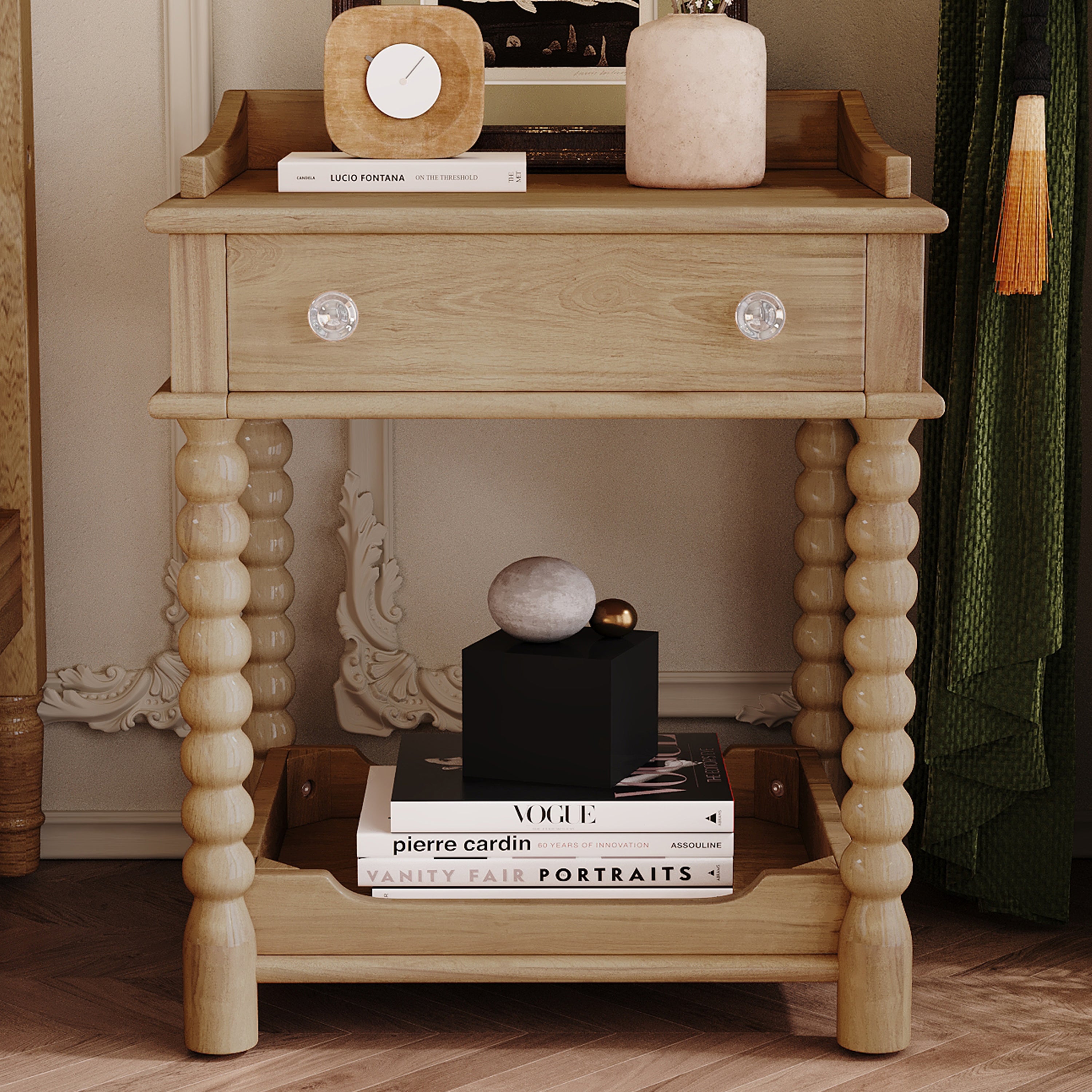 Retro Style Nightstand with Drawer and Open Shelf for Bedroom, Bedside Table with Turned Legs and Metal Handle,Natural - Grand Goldman Shop