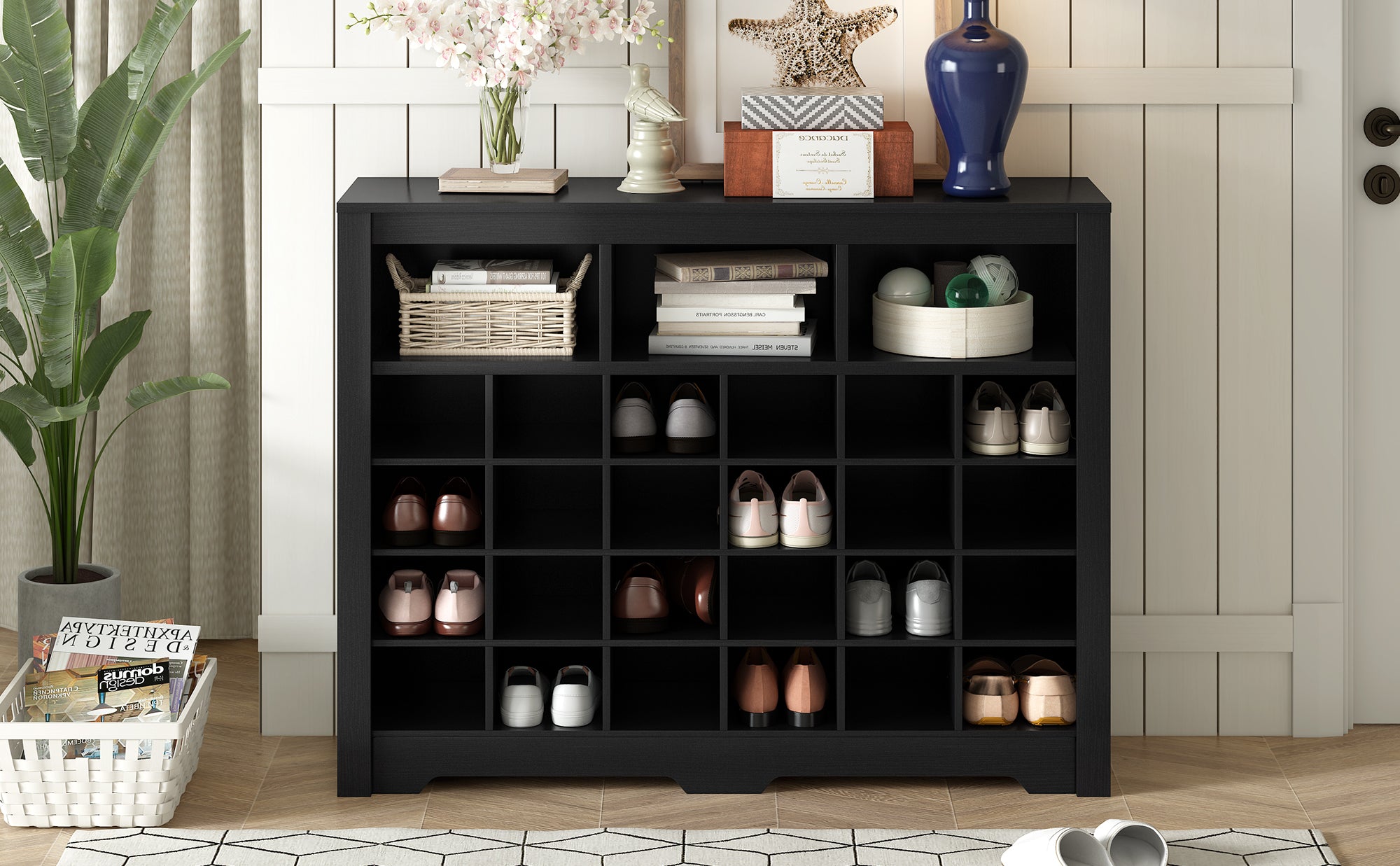 ON-TREND Sleek Design 24 Shoe Cubby Console, Modern Shoe Cabinet with Curved Base, Versatile Sideboard with High-quality for Hallway, Bedroom, Living Room, Black - Grand Goldman Shop