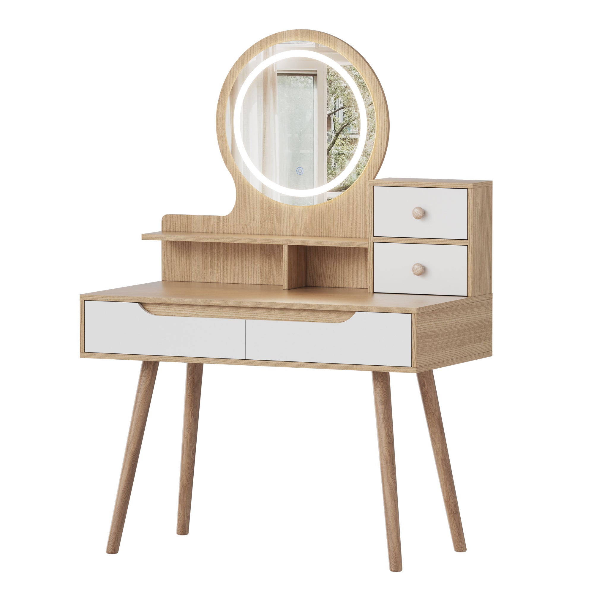 Elegant Makeup Vanity Desk with Adjustable Lighted Mirror, Solid Wood Table Feet, American White Oak, MDF, Compact Size - Grand Goldman Shop