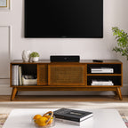59 Inch Mid Century Modern Rattan TV Stand for 65 Inch TV, Entertainment Cabinet, Media Console for Living Room Media Room, Solid Wood Feet & Rattan Cabinet Doors - Light Wood - Grand Goldman Shop