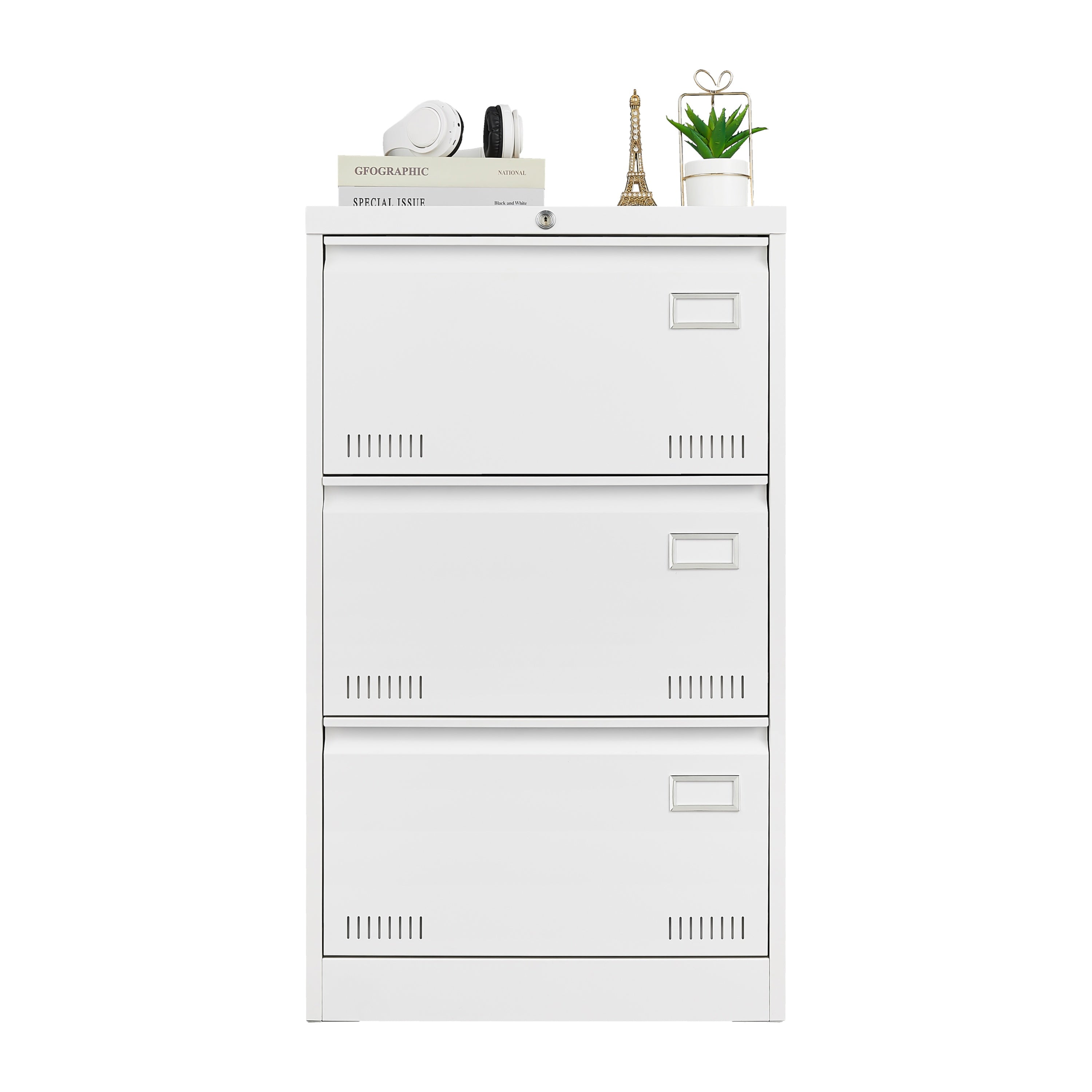Contemporary White Metal Lateral File Cabinet with Lock, 3 Drawer Office Storage for Legal/Letter/A4/F4 | Premium Home Decor 