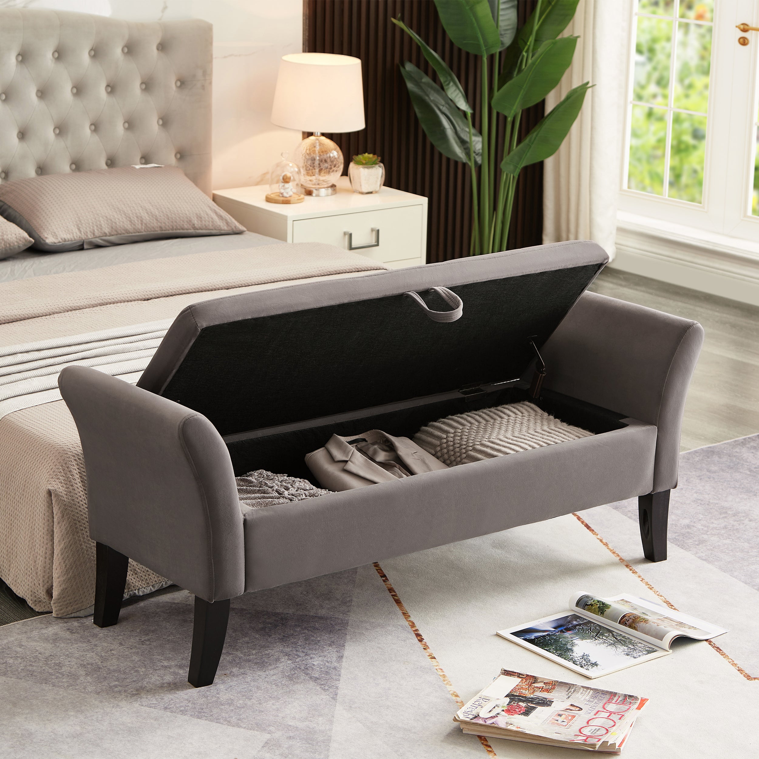 51.5' Bed Bench with Storage Grey Velvet - Grand Goldman Shop