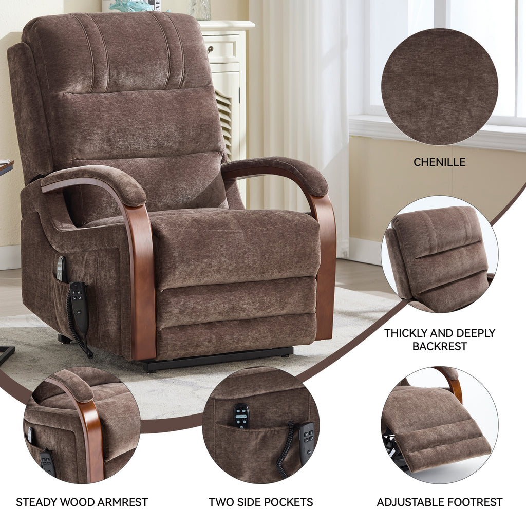 Power Brown Chenille Lift Recliner Chair Dual Motor Infinite Position Up to 350 LBS with Solid Wood Armrests, Heat Massage and Heavy Duty Motion Mechanism - Grand Goldman Shop