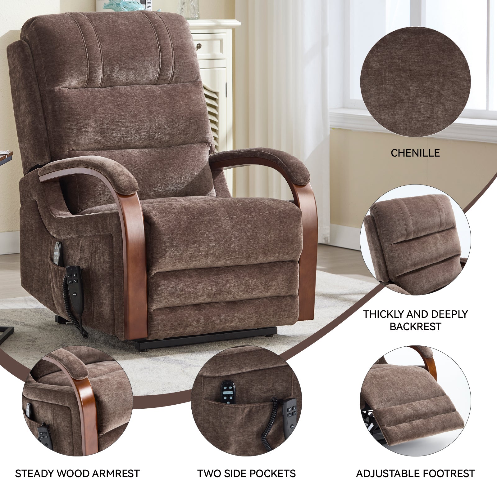 Power Brown Chenille Lift Recliner Chair Dual Motor Infinite Position Up to 350 LBS with Solid Wood Armrests, Heat Massage and Heavy Duty Motion Mechanism - Grand Goldman Shop