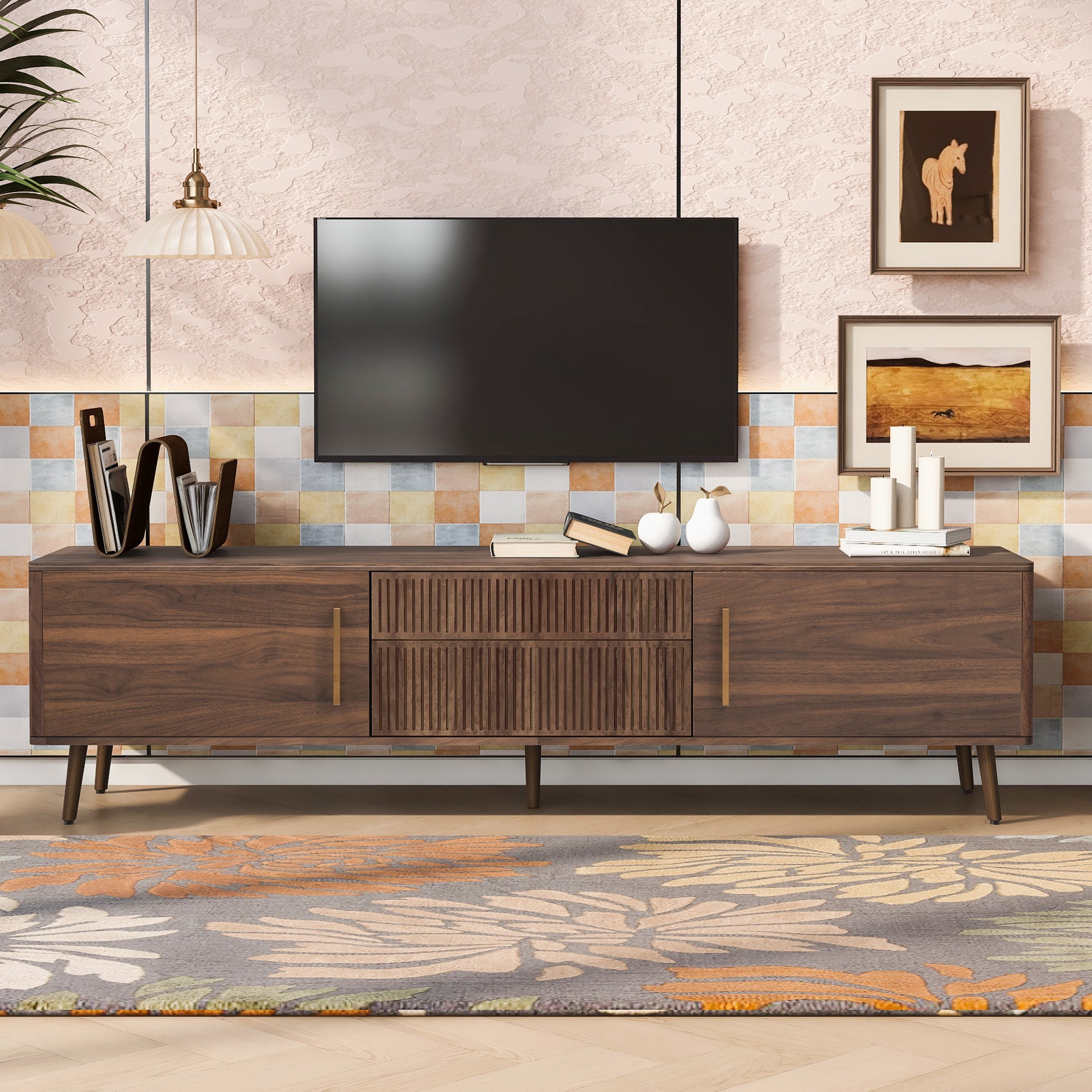Mid Century TV Stand with 2 Drawers, Media Console Table for TVs up to 80'', Walnut Finish Solid Wood and MDF Entertainment Center for Living Room, Bedroom, Home Theatre - Grand Goldman Shop