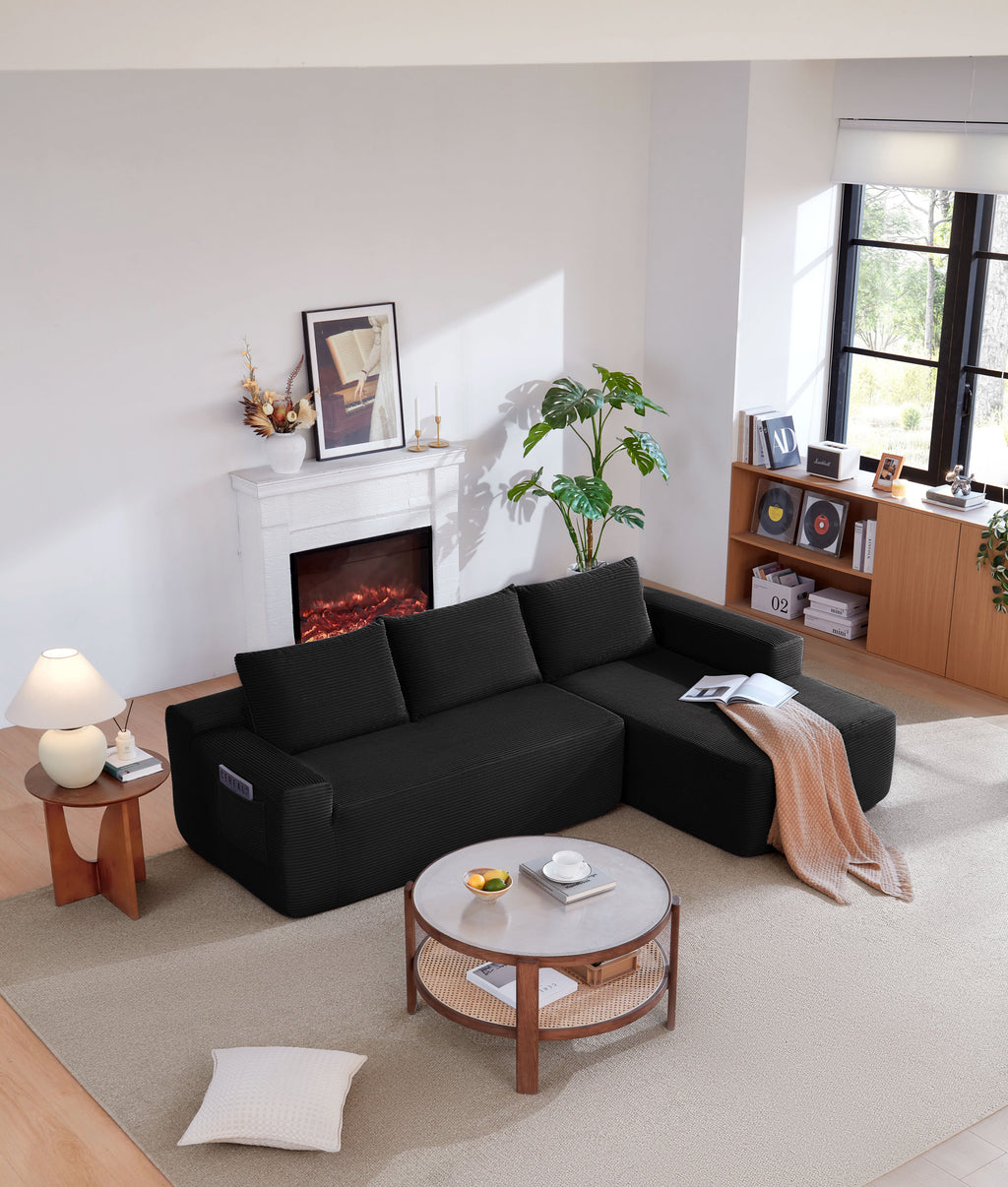 96.9' Cloud Sectional Couch with L-Shape Chaise,Modern Modular Sofa with Deep Seat, Upholstered Couches for Living Room Bedroom,No Assembly Required, (Corduroy Fabric),Black - Grand Goldman Shop