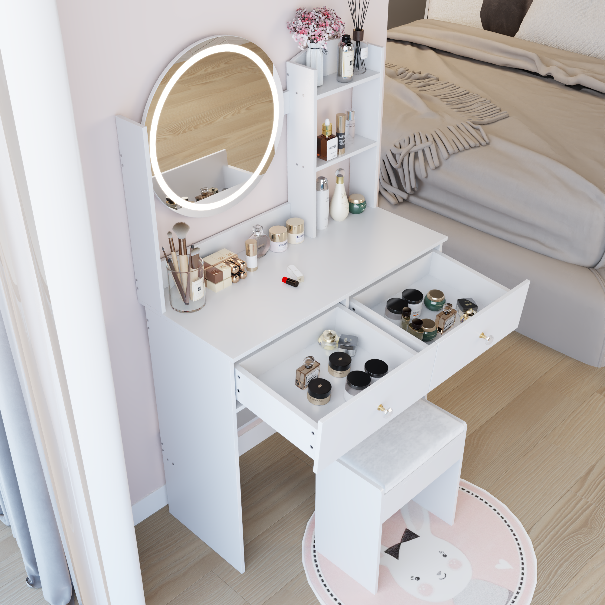 17' Round LED Mirror Vanity Table + Soft Cushion Stool Suit, Large Mirror, Touch Switch, 3 colors, Adjustable Brightness, Large Desktop, Multi-layer High Capacity Storage, Suitable For Small Space - Grand Goldman Shop