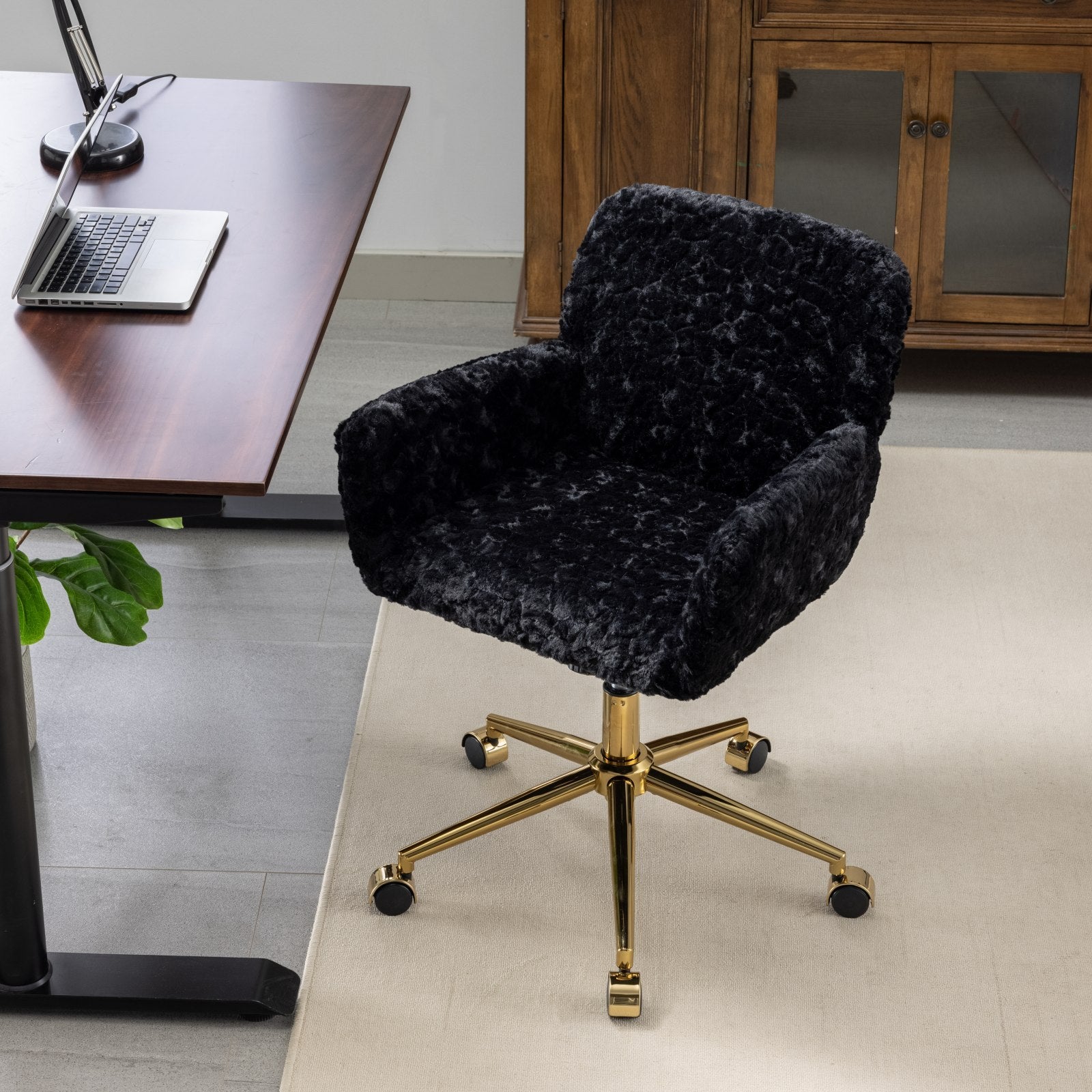 Stylish A&A Furniture Office Chair,Artificial rabbit hair Home Office Chair with Golden Metal Base,Adjustable Desk Chair Swiv