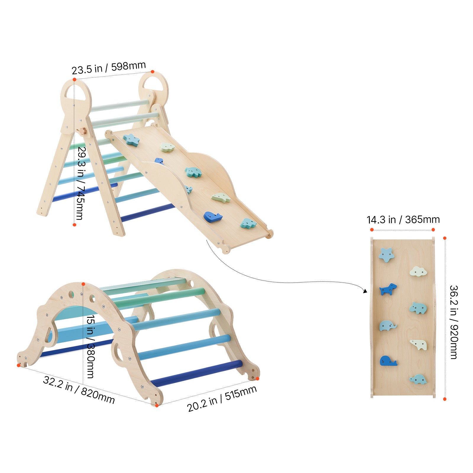 Pikler Triangle Set, 9-in-1 Toddler Climbing Toys Indoor, with 2 Wooden Cars, Cushion, Triangle, Arch, and Ramp, 150 lbs Load