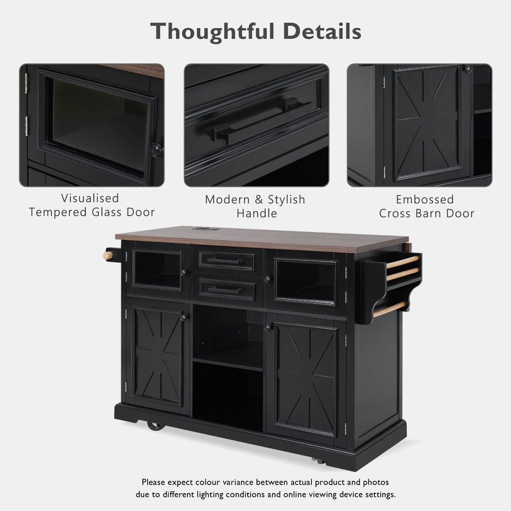 K&K 54.9' Kitchen Island with Drop Leaf, Power Outlet, Kitchen Storage Cart with 4 Door Shelves, Cross Barn Doors & Visual Glass Door, Rolling Kitchen Island on 4 Wheels for Kitchen, Dining Room,Black - Grand Goldman Shop