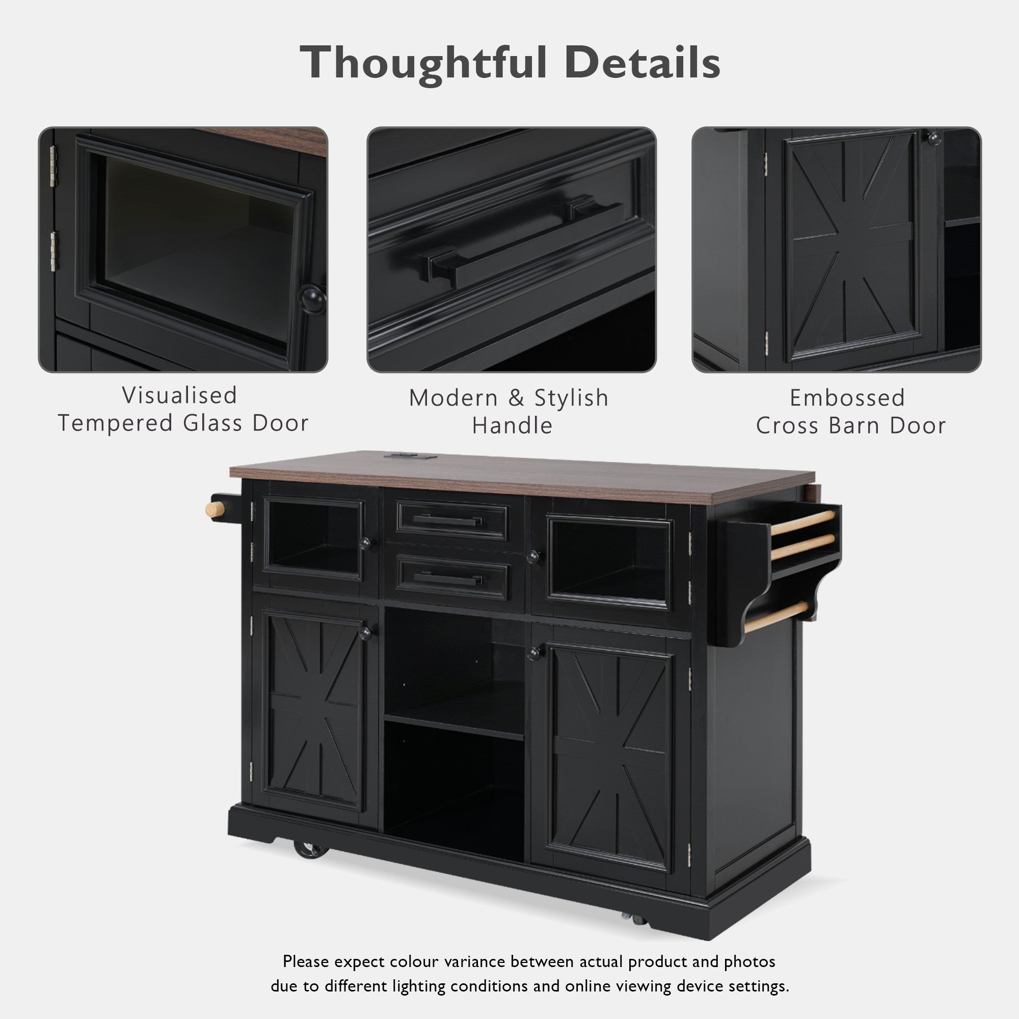 K&K 54.9' Kitchen Island with Drop Leaf, Power Outlet, Kitchen Storage Cart with 4 Door Shelves, Cross Barn Doors & Visual Glass Door, Rolling Kitchen Island on 4 Wheels for Kitchen, Dining Room,Black - Grand Goldman Shop