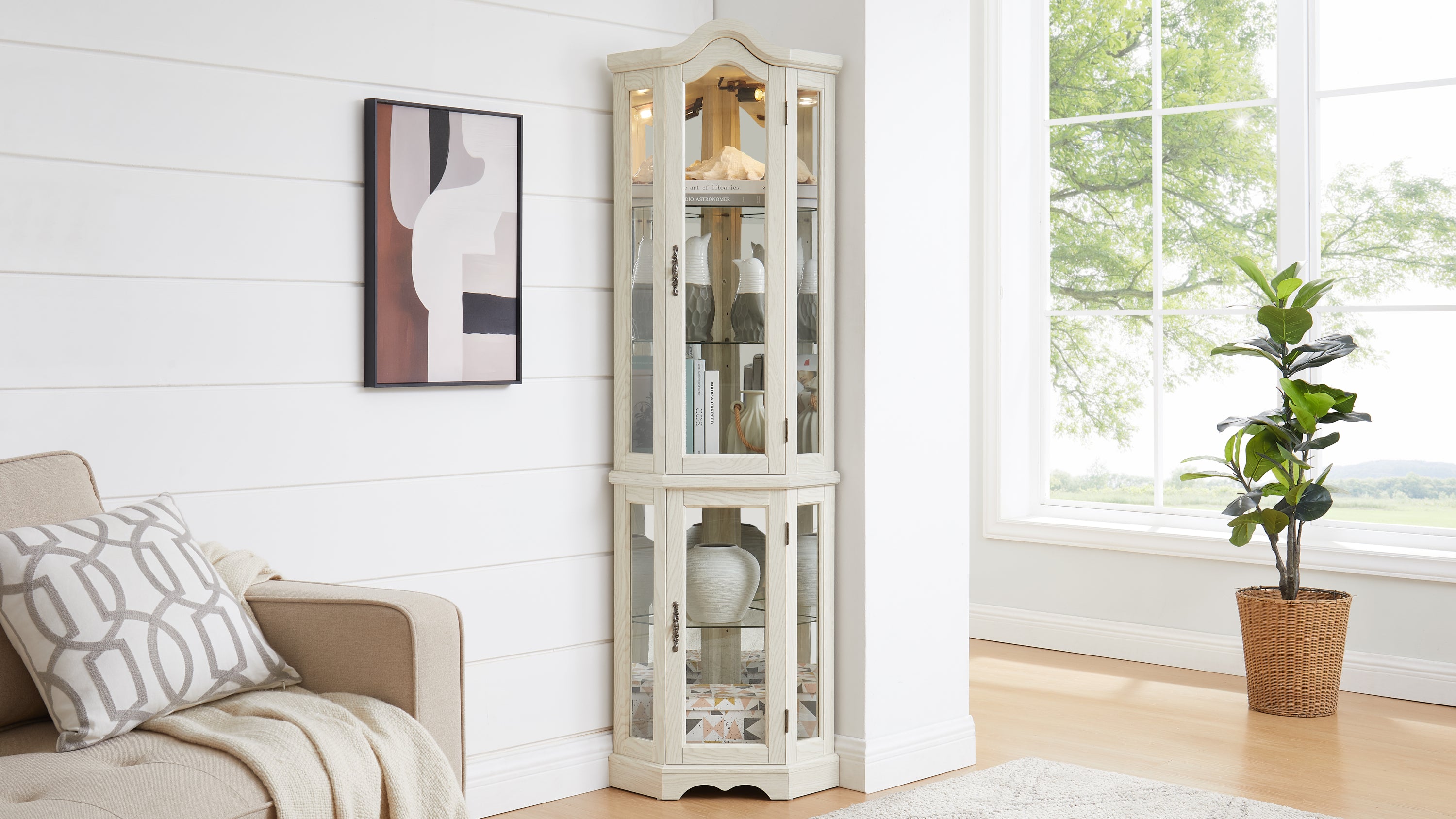 Curio Cabinet Lighted Glass Display Curio Cabinet w/Tempered Glass Doors and Shelves, Crown Corner Cabinet with Bulb, Corner Storage Decoration for Living room and Bedroom WHI - Grand Goldman Shop