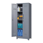 Grey Heavy Duty Metal Storage Cabinet with Locking Doors, Hanging Rod & Shelves, 65' H Broom Closet for Garage or Basement - 