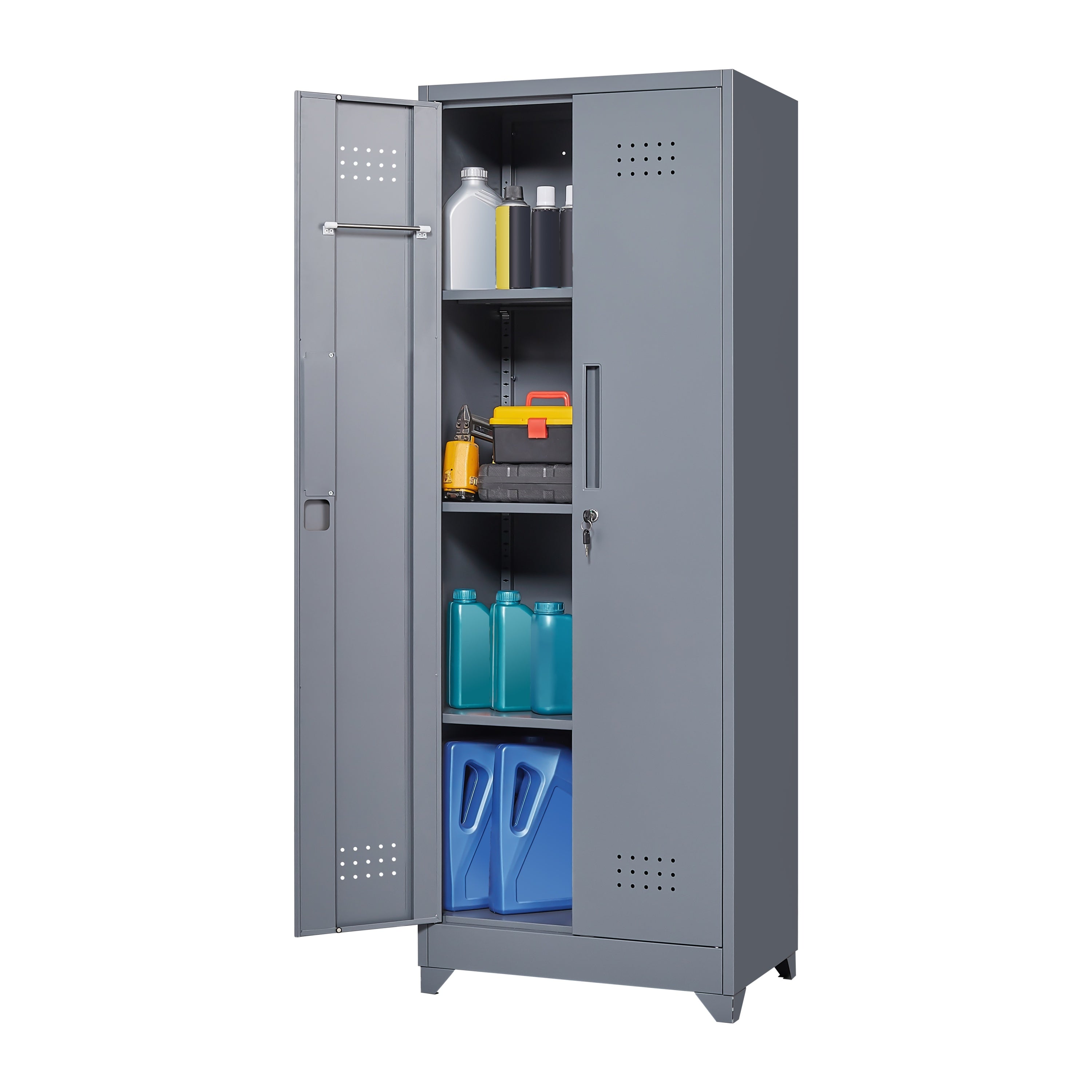 Grey Heavy Duty Metal Storage Cabinet with Locking Doors, Hanging Rod & Shelves, 65' H Broom Closet for Garage or Basement - 