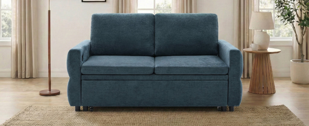 Convertible Sofa Bed 62.75' Loveseat with Adjustable Backrest and USB Ports in Blue Chenille Fabric - Grand Goldman Shop