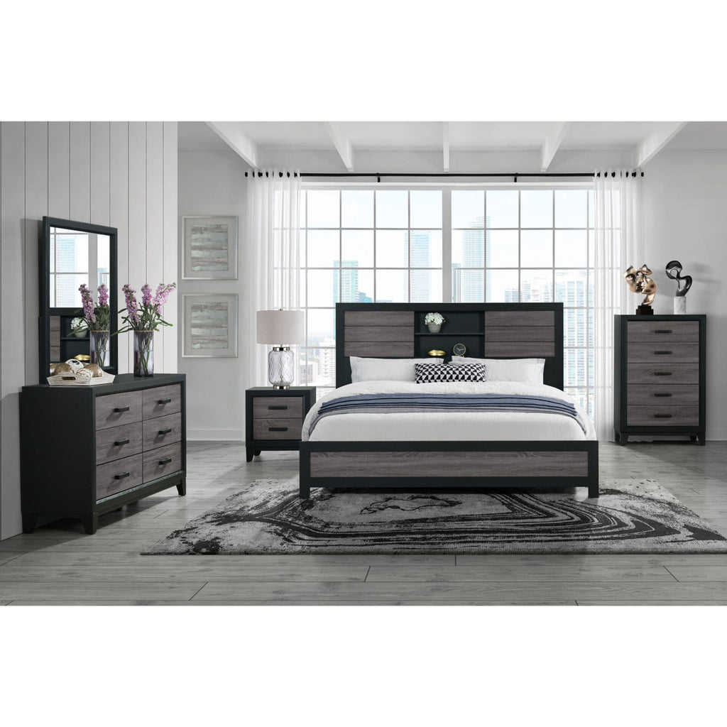 Urban Farmhouse King Size Bed with Bookcase, Dark Gray and Black, Solid Wood and MDF - Grand Goldman Shop