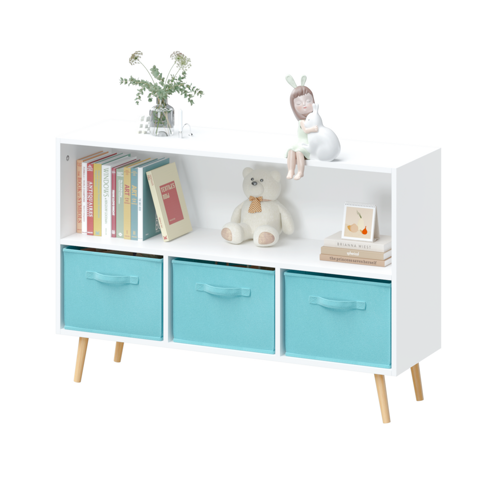Kids bookcase with Collapsible Fabric Drawers, Children's Book Display, Toy Storage Cabinet Organizer, White/Blue | Premium H