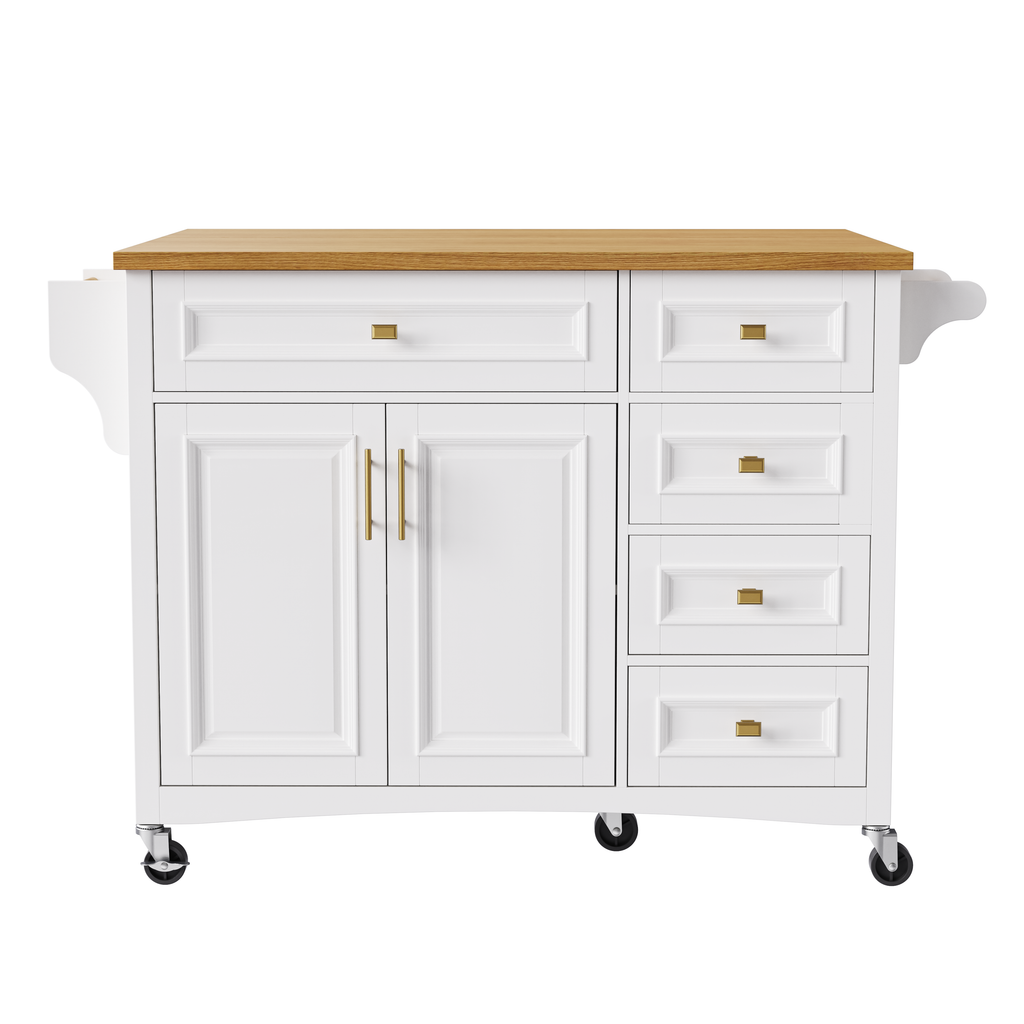 K&K 52'' Kitchen Island with Drop Leaf, Embossed Texture Kitchen Island on Wheels with Spice Rack, Towel Rack, 2 Doors and 5 Drawers, Kitchen Storage Cart with Adjustable Shelf for Kitchen, White - Grand Goldman Shop