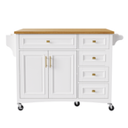 K&K 52'' Kitchen Island with Drop Leaf, Embossed Texture Kitchen Island on Wheels with Spice Rack, Towel Rack, 2 Doors and 5 Drawers, Kitchen Storage Cart with Adjustable Shelf for Kitchen, White - Grand Goldman Shop