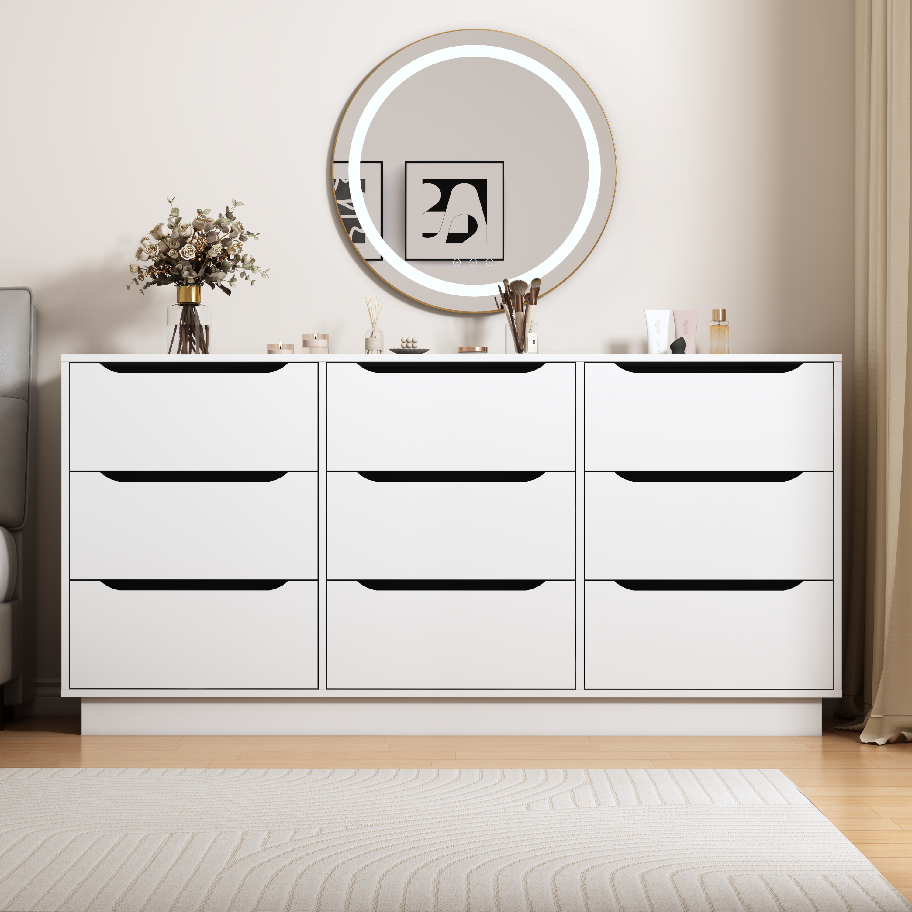 9 Drawer Dresser for Bedroom with Deep Drawers, Large Floor Wood Dressers & Chest of Drawers , Modern White Long Dressers for Closet Living Room - Grand Goldman Shop