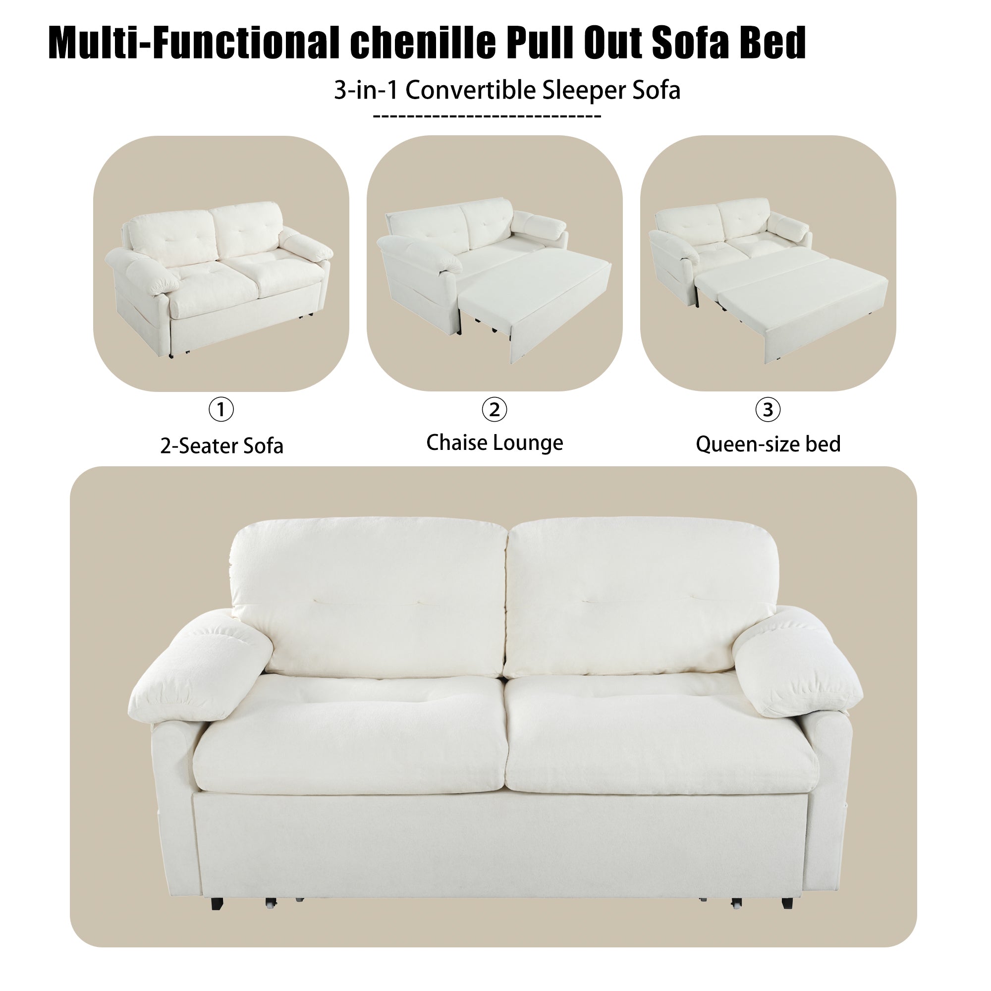 Convertible Pull-Out Queen Sleeper Sofa, 3-in-1 Loveseat with Side Storage & 8 Silent Casters, Beige Chenille Fabric, Fits Living Room, Bedroom, Apartment - Grand Goldman Shop
