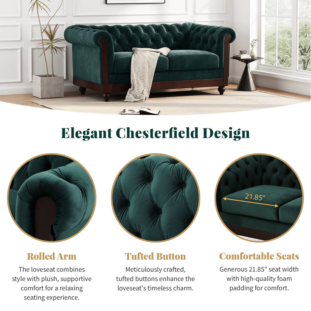 VIVALUX Chesterfield Velvet Loveseat Sofa 2-Person Rolled Arm Upholstered Couch Forest Green 59.44' - Grand Goldman Shop
