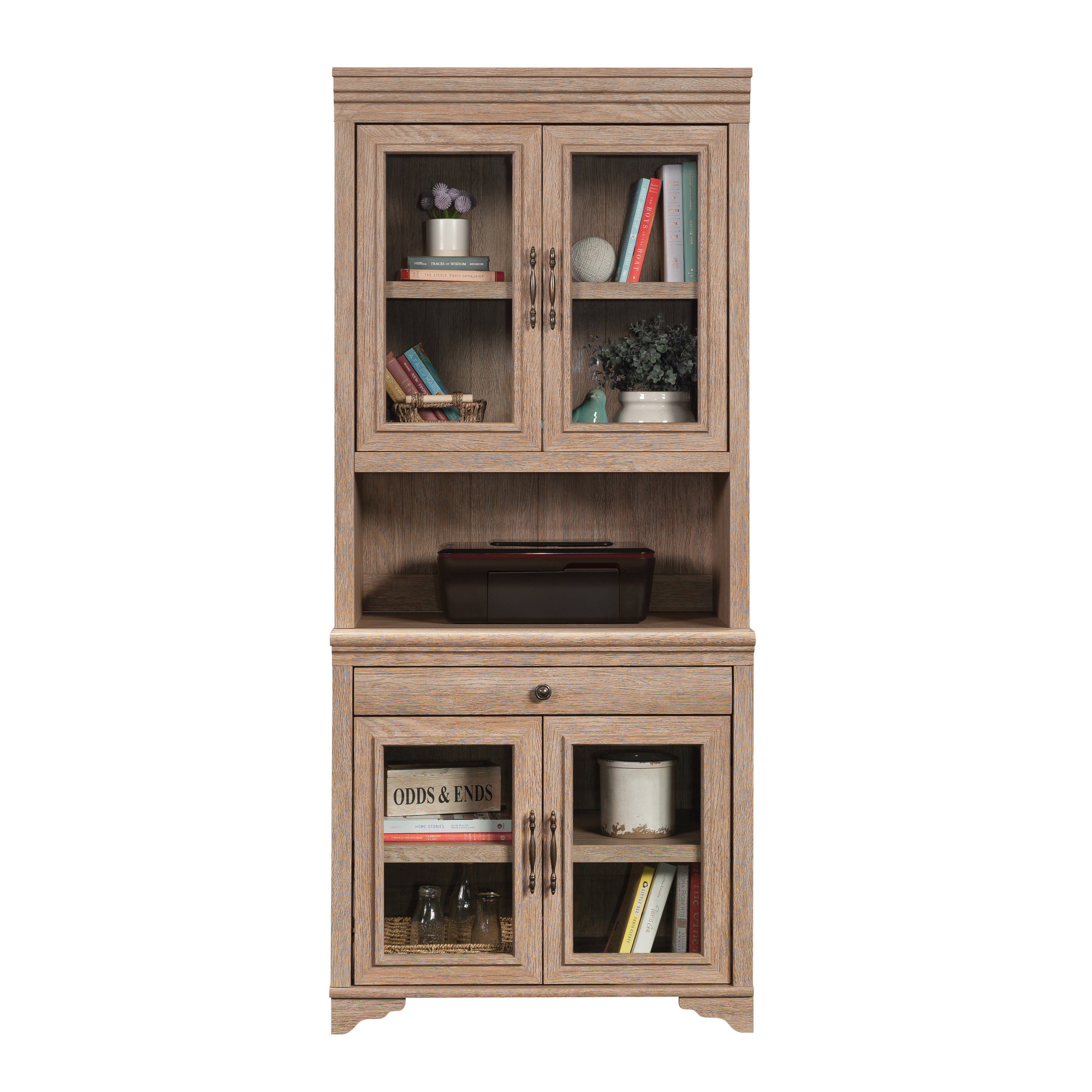 Library Hutch with Glass Doors, Brown finish - Grand Goldman