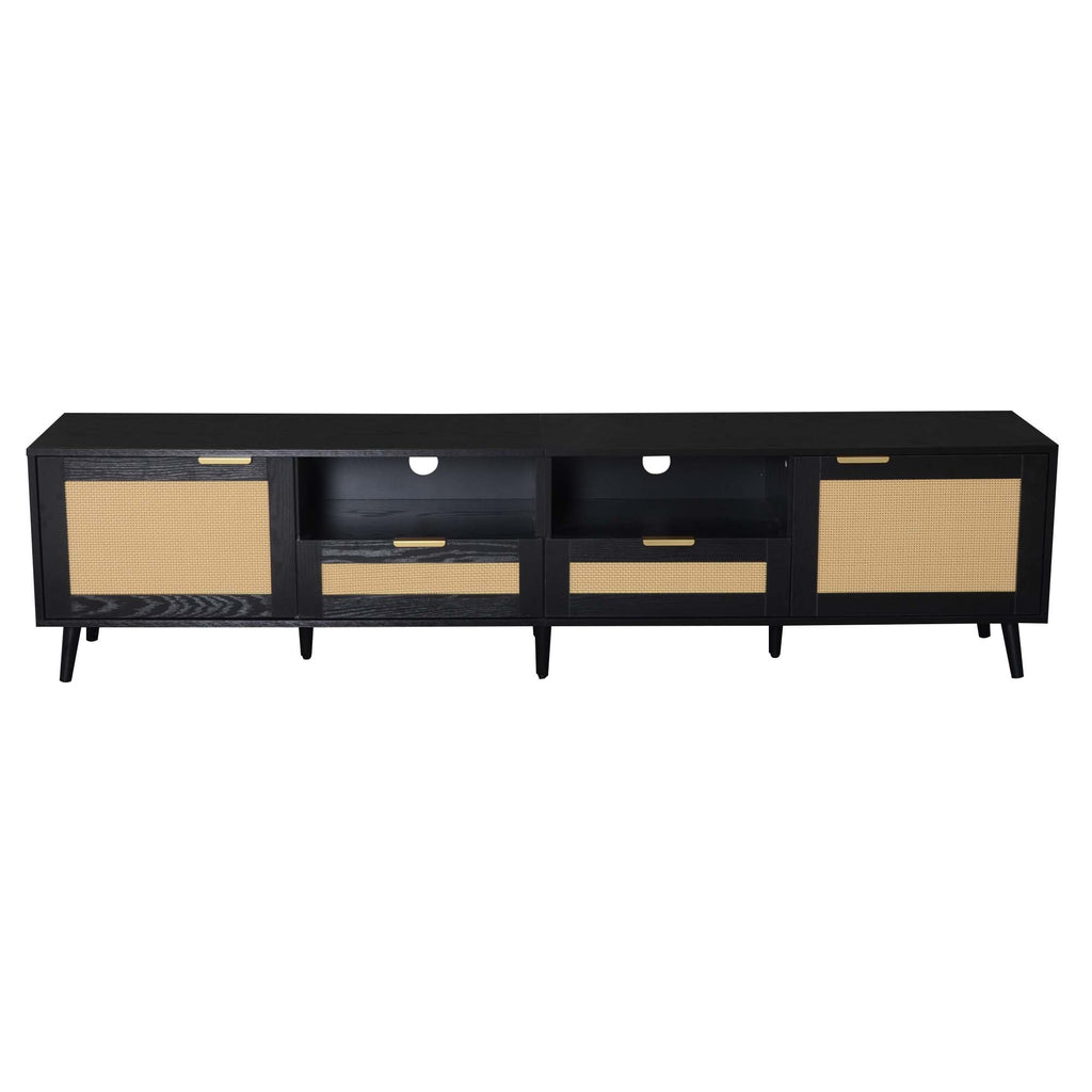 Modern Farmhouse Rattan TV Stand for TVs up to 85'', Black MDF and Solid Wood Media Console with Cable Management, 78.74'' L x 14.6'' W x 18.9'' H - Grand Goldman Shop