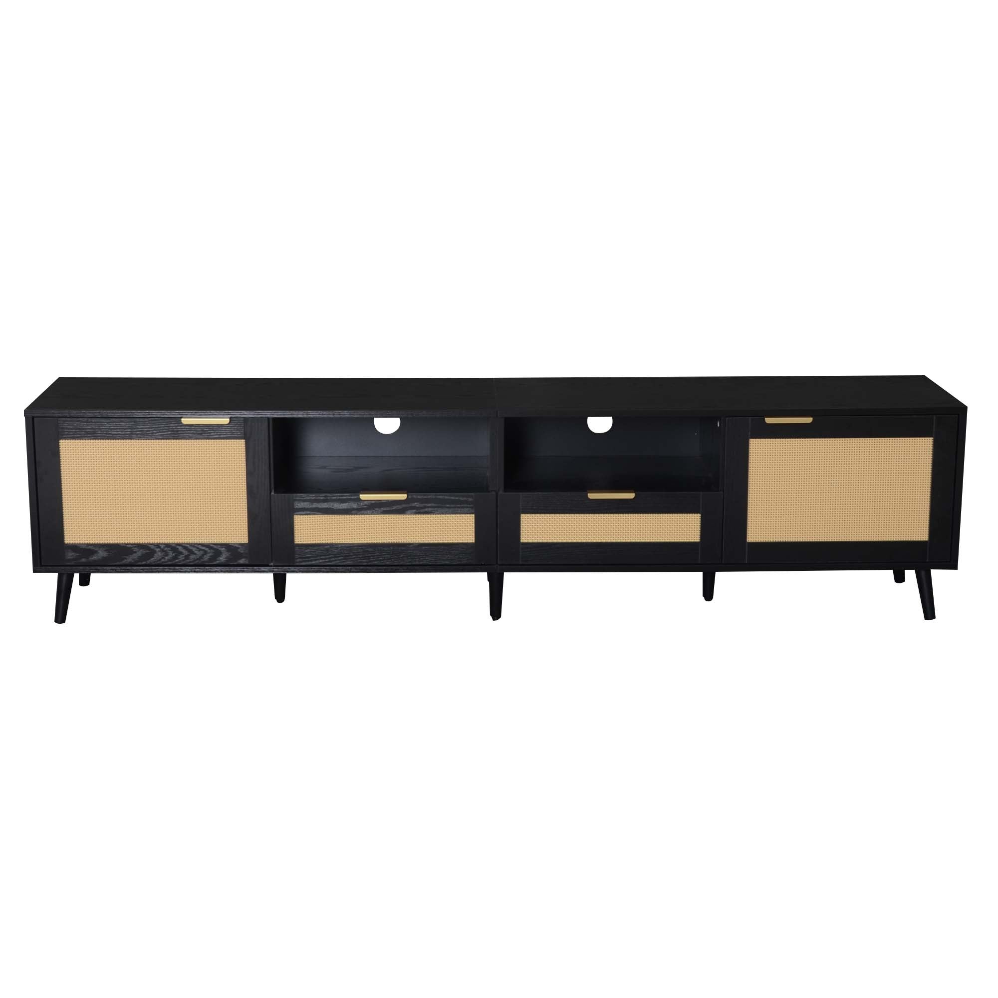 Modern Farmhouse Rattan TV Stand for TVs up to 85'', Black MDF and Solid Wood Media Console with Cable Management, 78.74'' L x 14.6'' W x 18.9'' H - Grand Goldman Shop