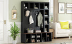 Farmhouse Wooden Hall Tree with 6 Hooks, Walnut Storage Bench with Adjustable Shelves,  4-in-1 Entryway Shoe Cabinet with Cubbies for Mudroom, Living Room, Black, 76.7'H (OLD SKU: N721S000044B) - Grand Goldman Shop