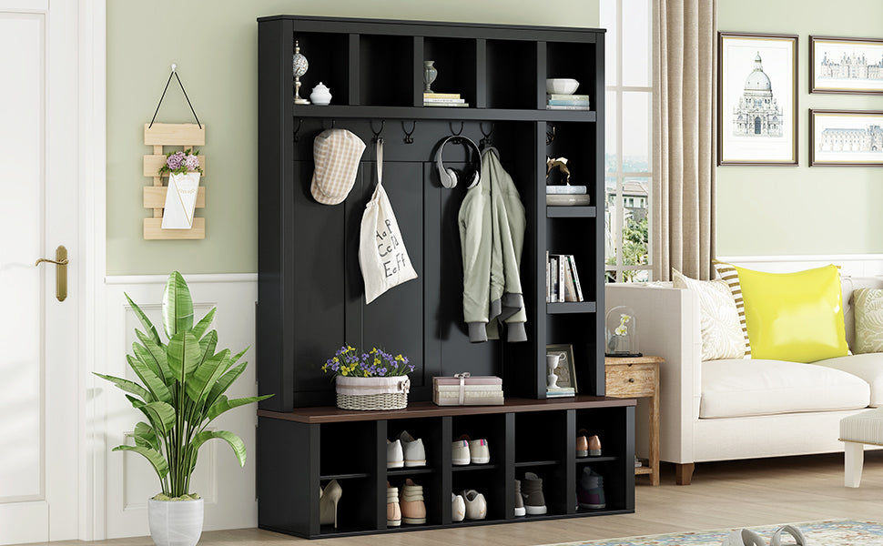 Farmhouse Wooden Hall Tree with 6 Hooks, Walnut Storage Bench with Adjustable Shelves,  4-in-1 Entryway Shoe Cabinet with Cubbies for Mudroom, Living Room, Black, 76.7'H (OLD SKU: N721S000044B) - Grand Goldman Shop