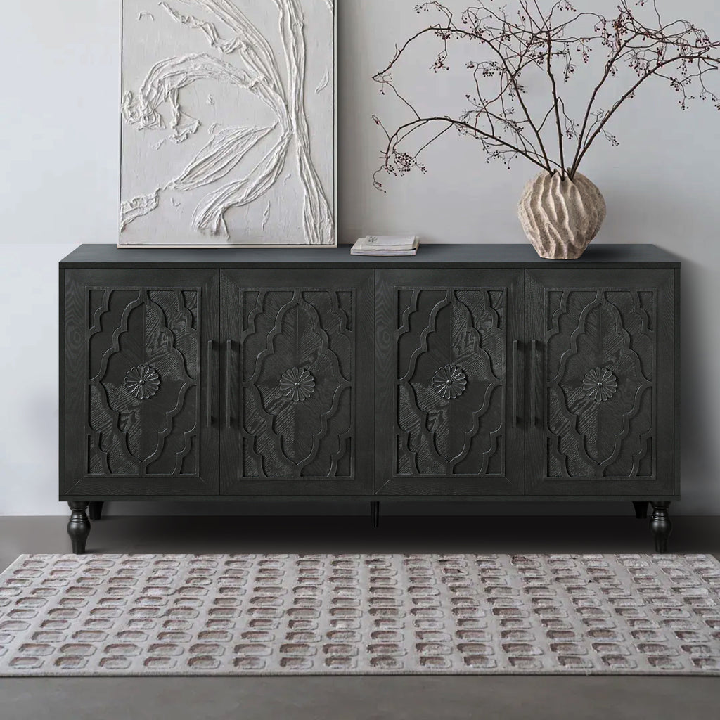 Carved Flower Door Large Storage Cabinet With Metal Handle Suitable For Living Room, Kitchen, Entryway(BLACK) - Grand Goldman Shop