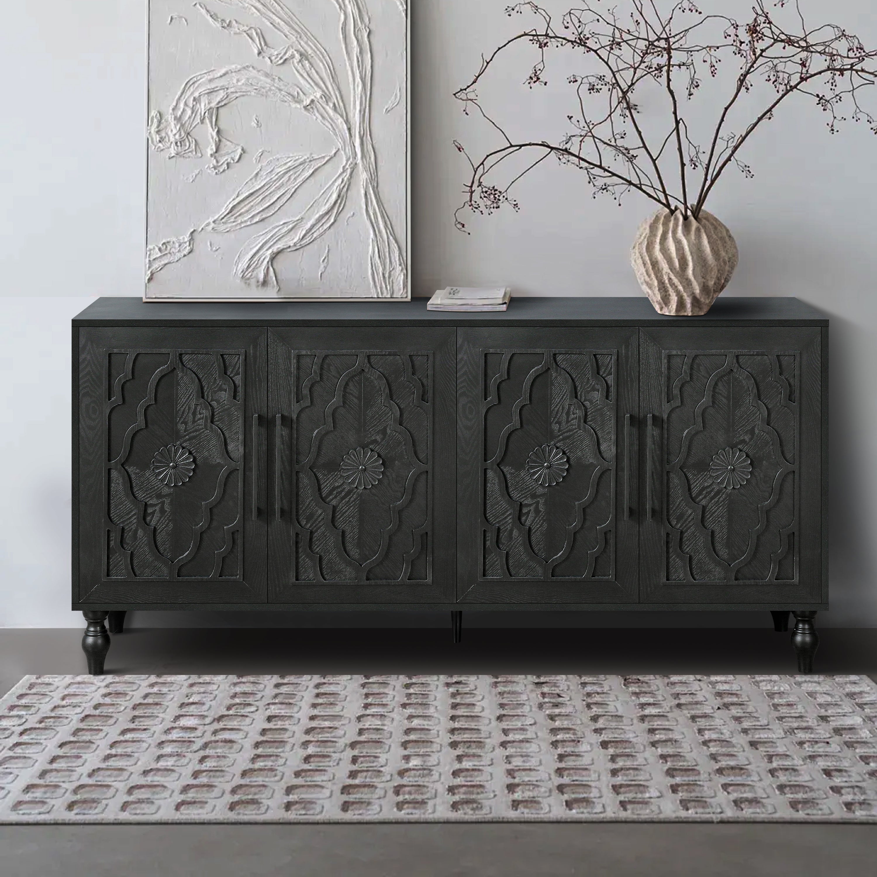 Carved Flower Door Large Storage Cabinet With Metal Handle Suitable For Living Room, Kitchen, Entryway(BLACK) - Grand Goldman Shop