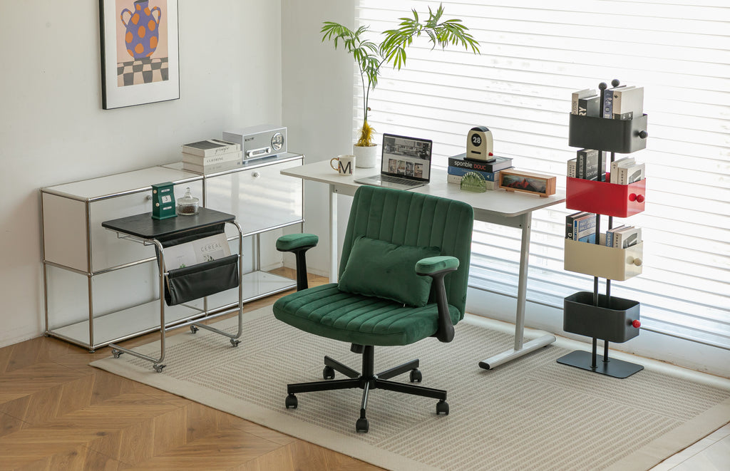 Green Velvet Criss Cross Armrest Office Chair with Wheels - Modern for Home Office, Meditation & Creative Work - Grand Goldma