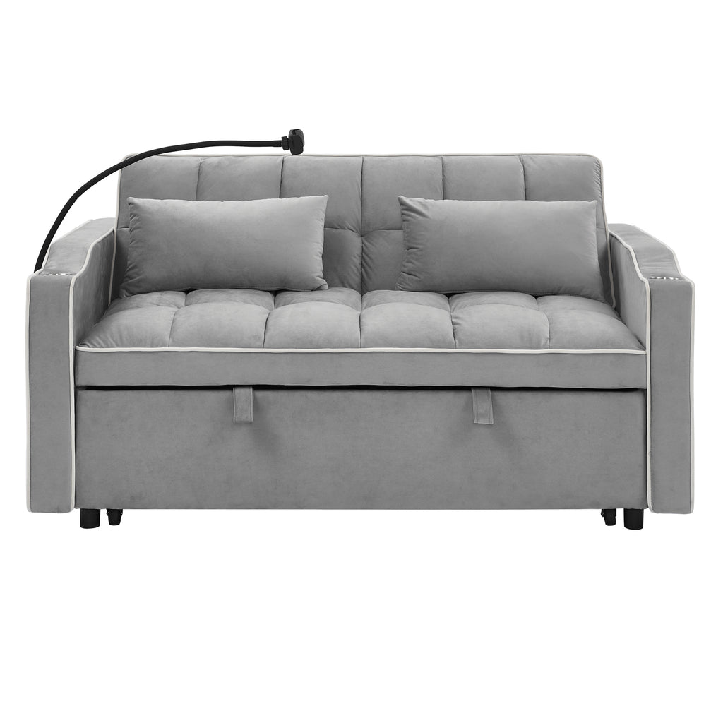 55.51 inch versatile foldable sofa bed in 3 lengths, modern sofa sofa sofa velvet pull-out bed, adjustable back and with USB port and ashtray and swivel phone stand (Grey) - Grand Goldman Shop